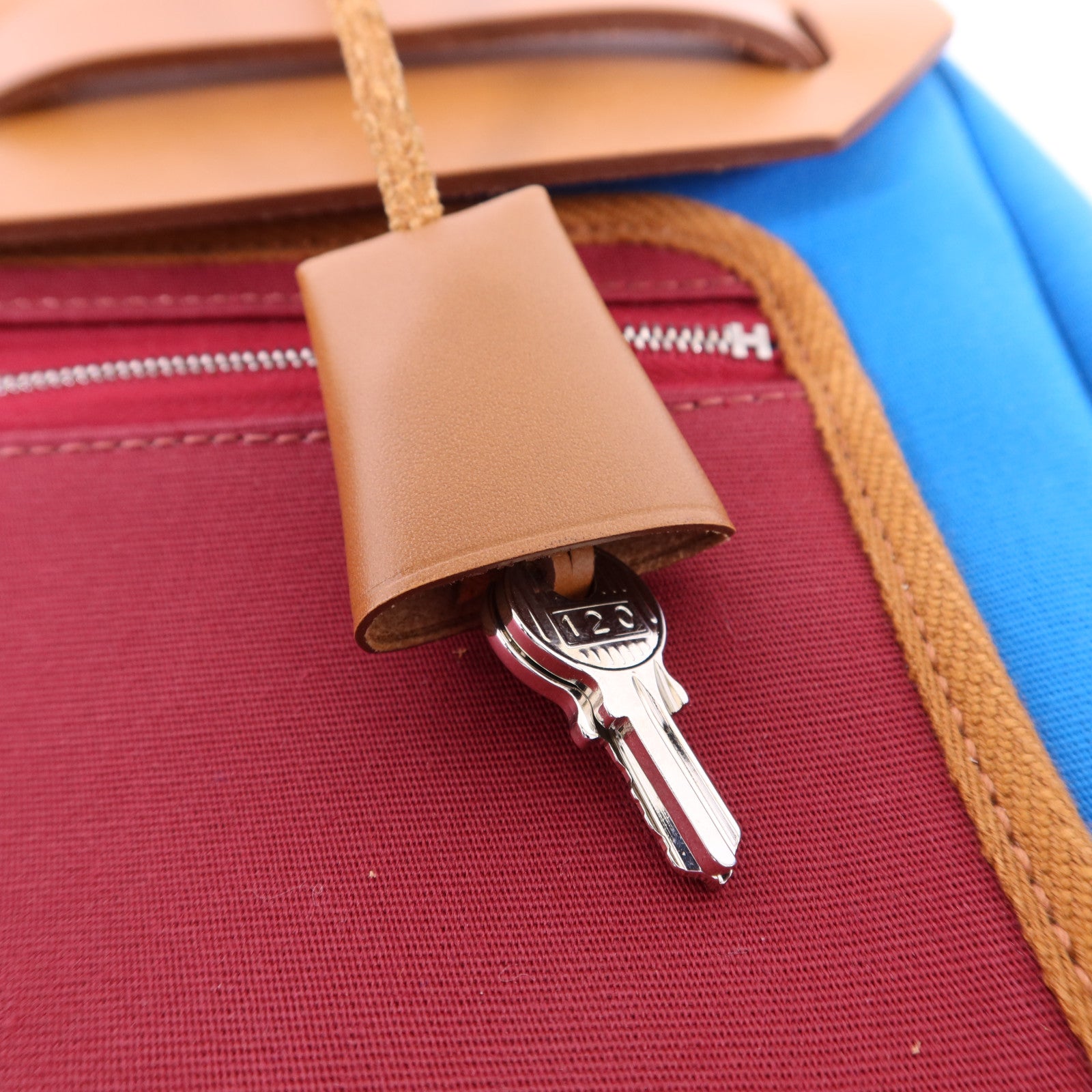 HERMES 帆布Herbag PM銀扣手挽肩背兩用袋Bleu Izmir/Ruby