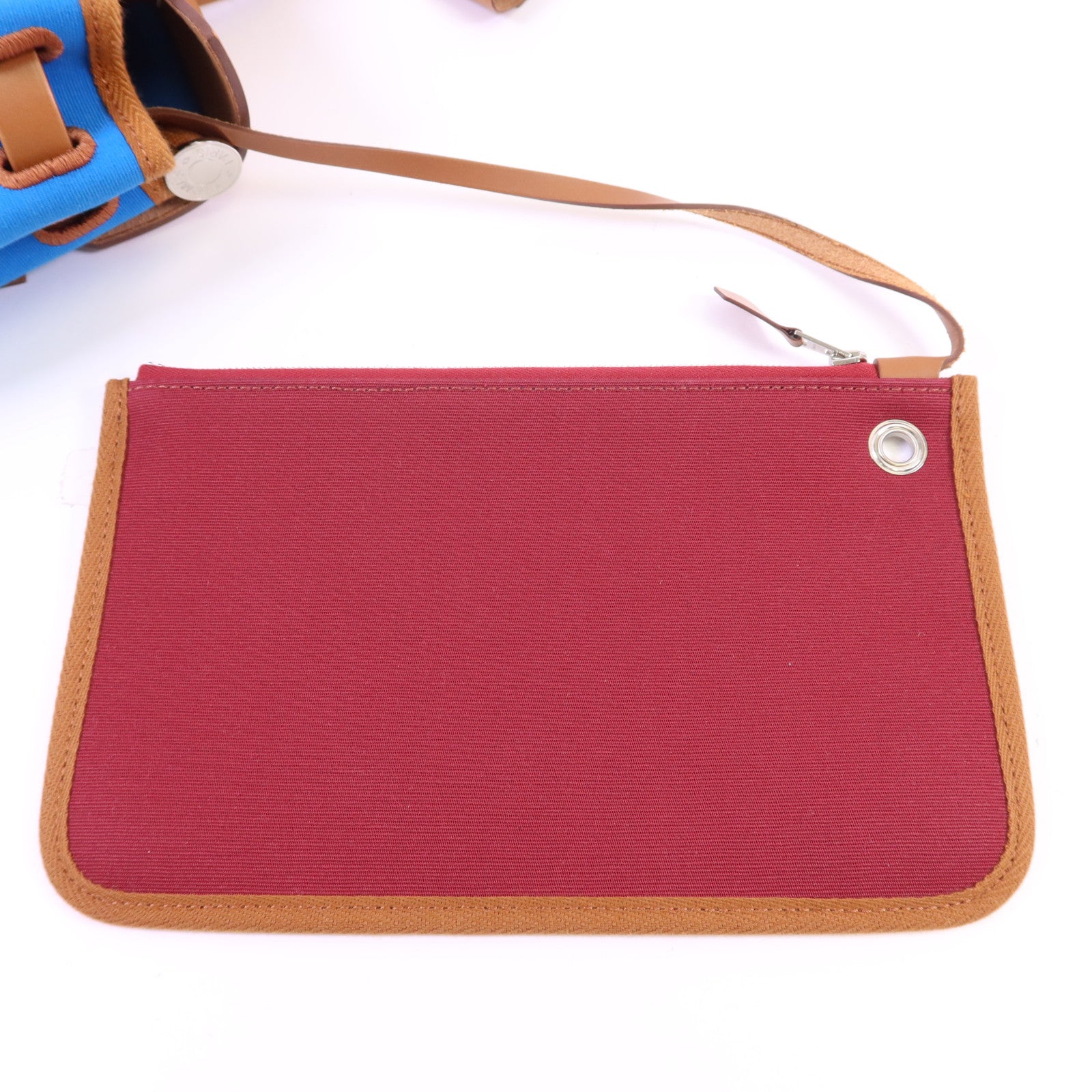 HERMES 帆布Herbag PM銀扣手挽肩背兩用袋Bleu Izmir/Ruby