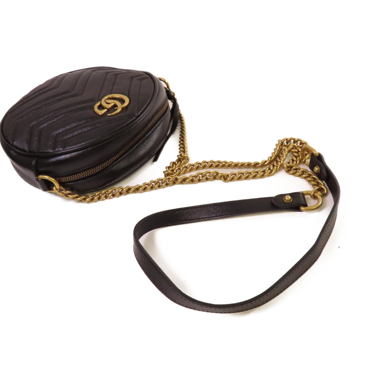 GUCCI 牛皮皮革GG Marmont Mini Round Shoulder Bag金扣肩背袋黑色