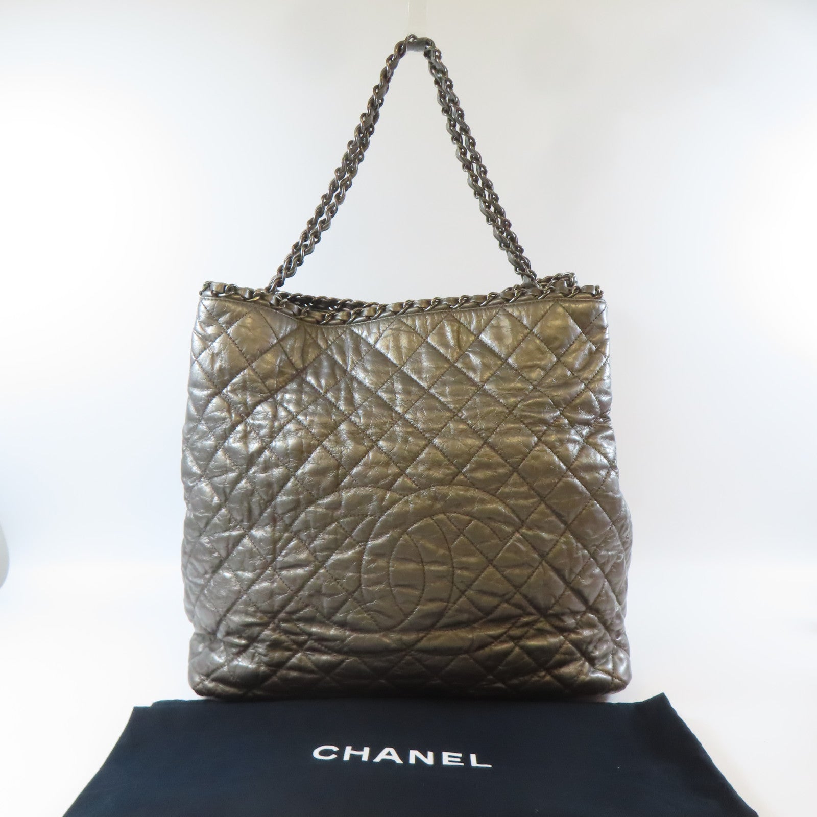 CHANEL 菱格牛皮皮革Tote Bag銀扣手挽袋銀色