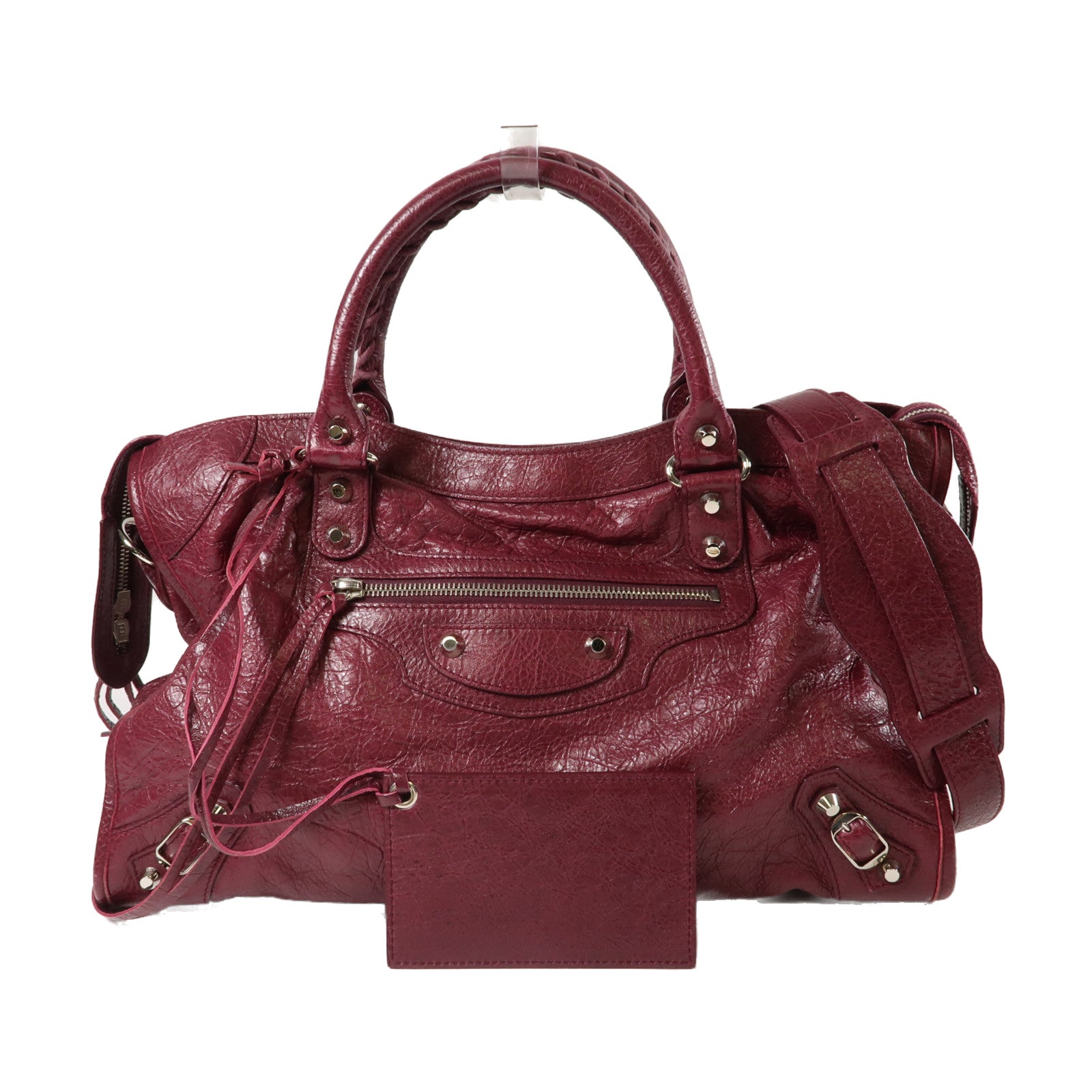 BALENCIAGA 皮革City銀扣手挽肩背兩用袋酒紅色