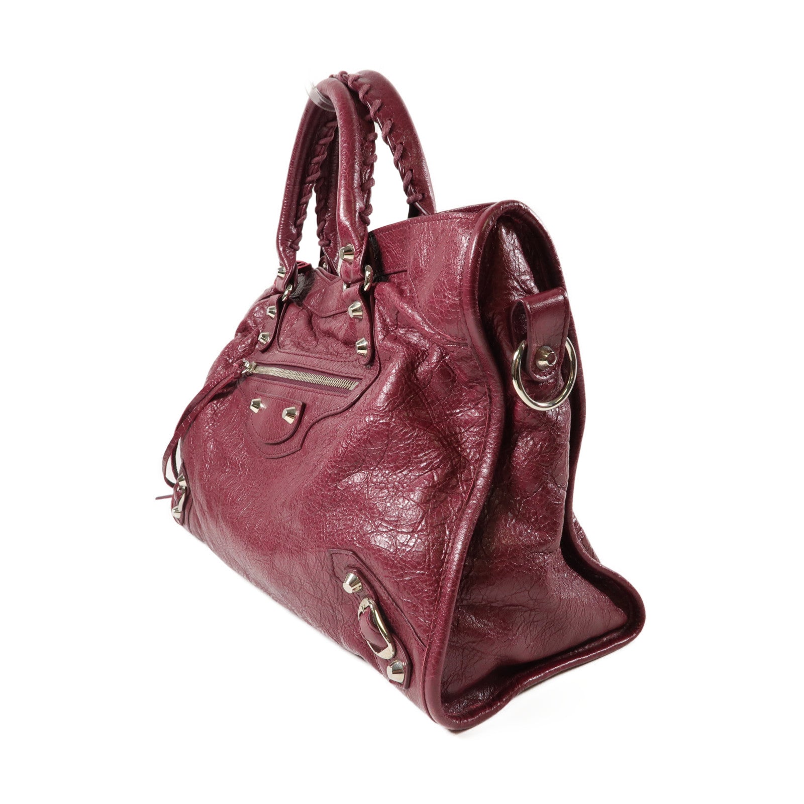 BALENCIAGA 皮革City銀扣手挽肩背兩用袋酒紅色