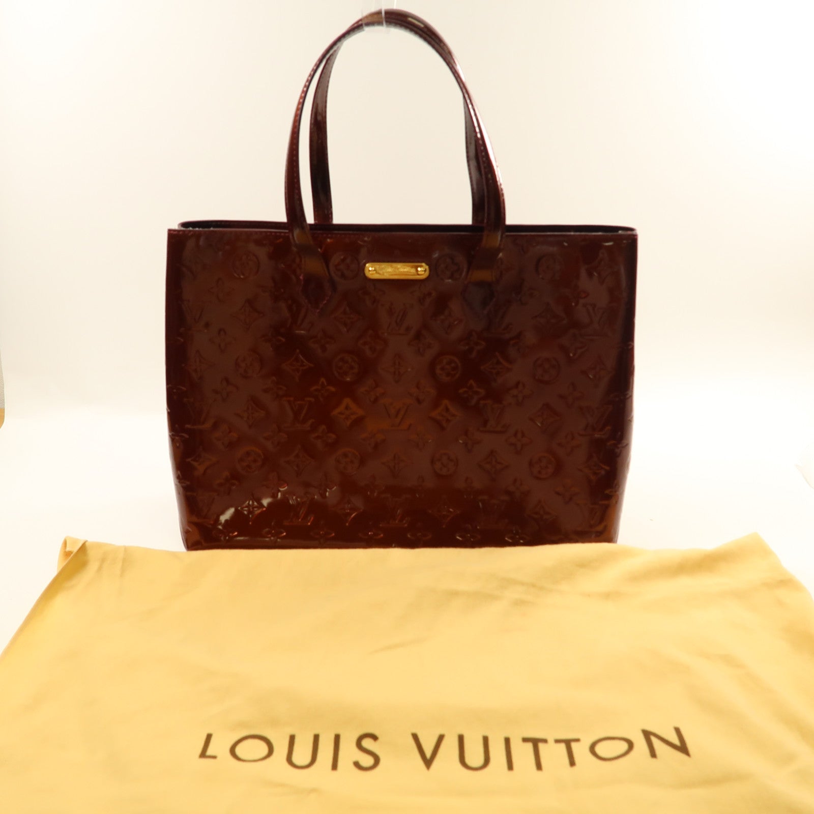 LOUIS VUITTON Monogram Vernis Wilshire GM金扣手挽袋酒紅色