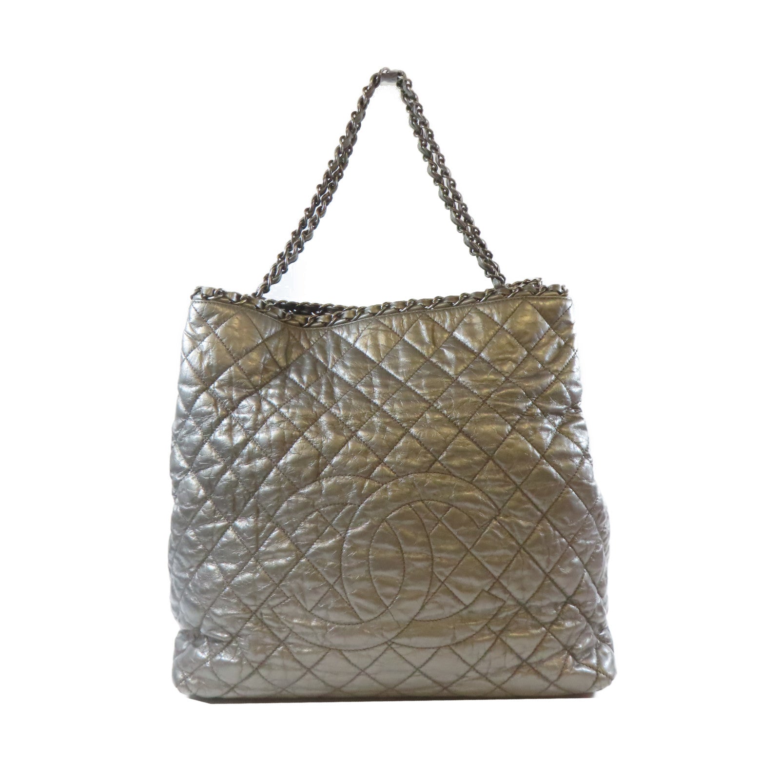 CHANEL 菱格牛皮皮革Tote Bag銀扣手挽袋銀色