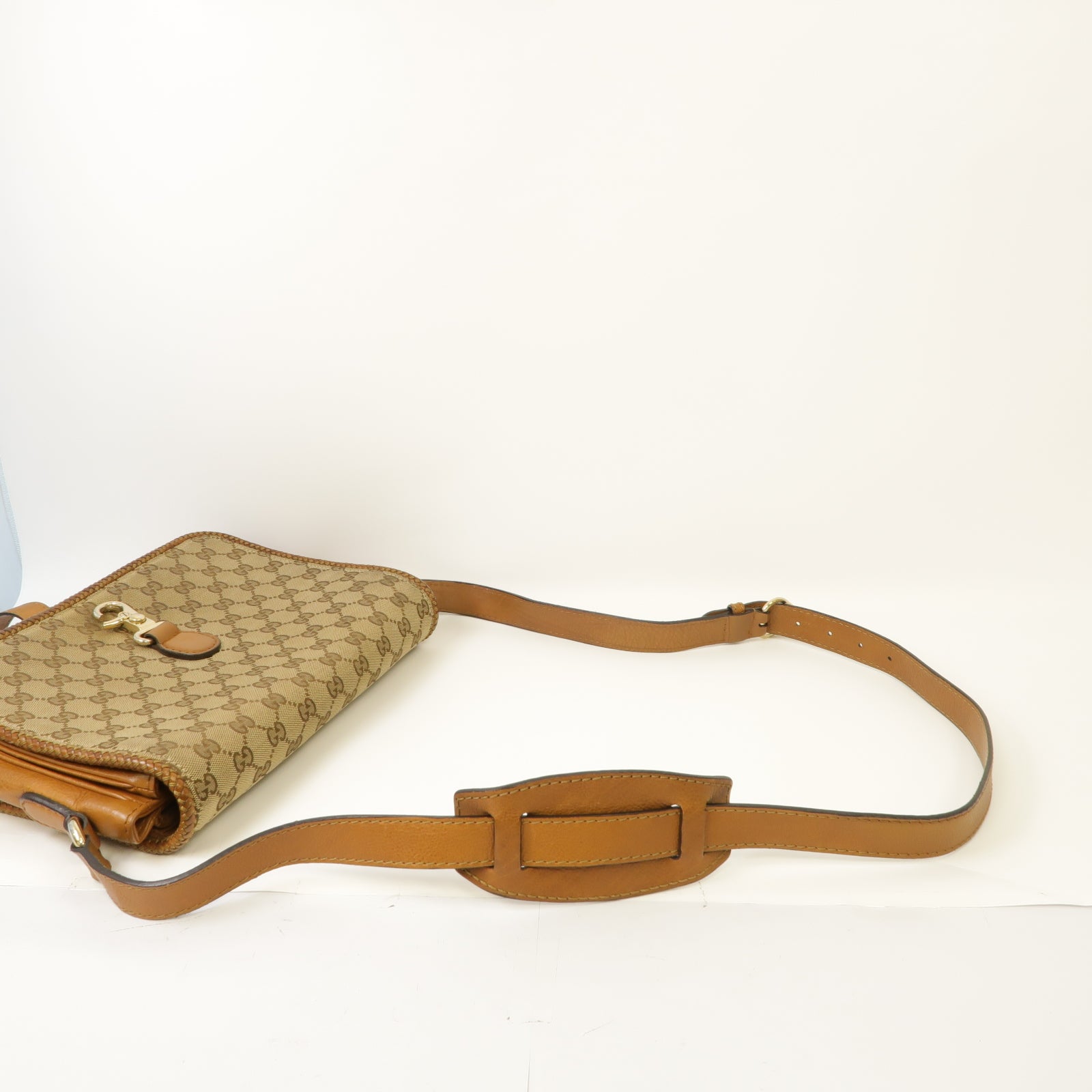 GUCCI 帆布/皮革Marrakech Flap Messenger Bag金扣肩背袋啡色