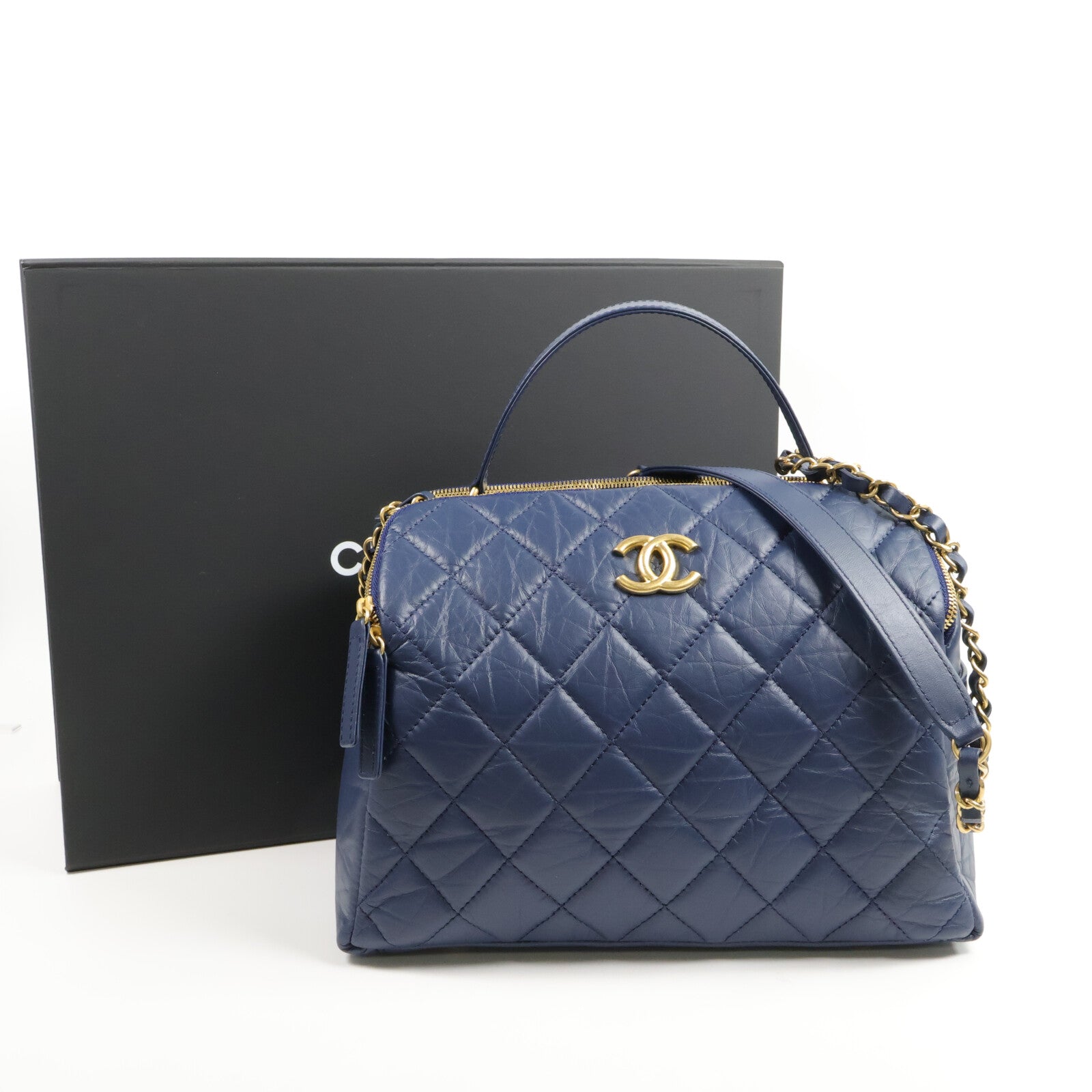 CHANEL 牛皮皮革Bowling Bag鏈帶手挽肩背兩用袋