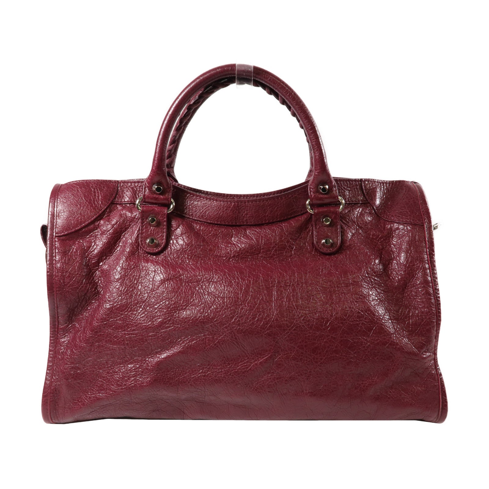 BALENCIAGA 皮革City銀扣手挽肩背兩用袋酒紅色
