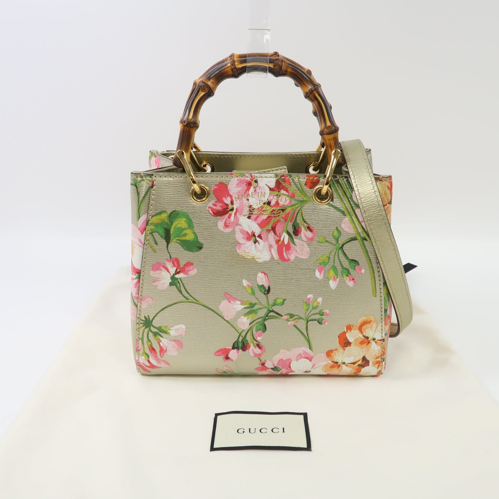 GUCCI 牛皮皮革Mini Bamboo Shopper金扣手挽肩背兩用袋金色