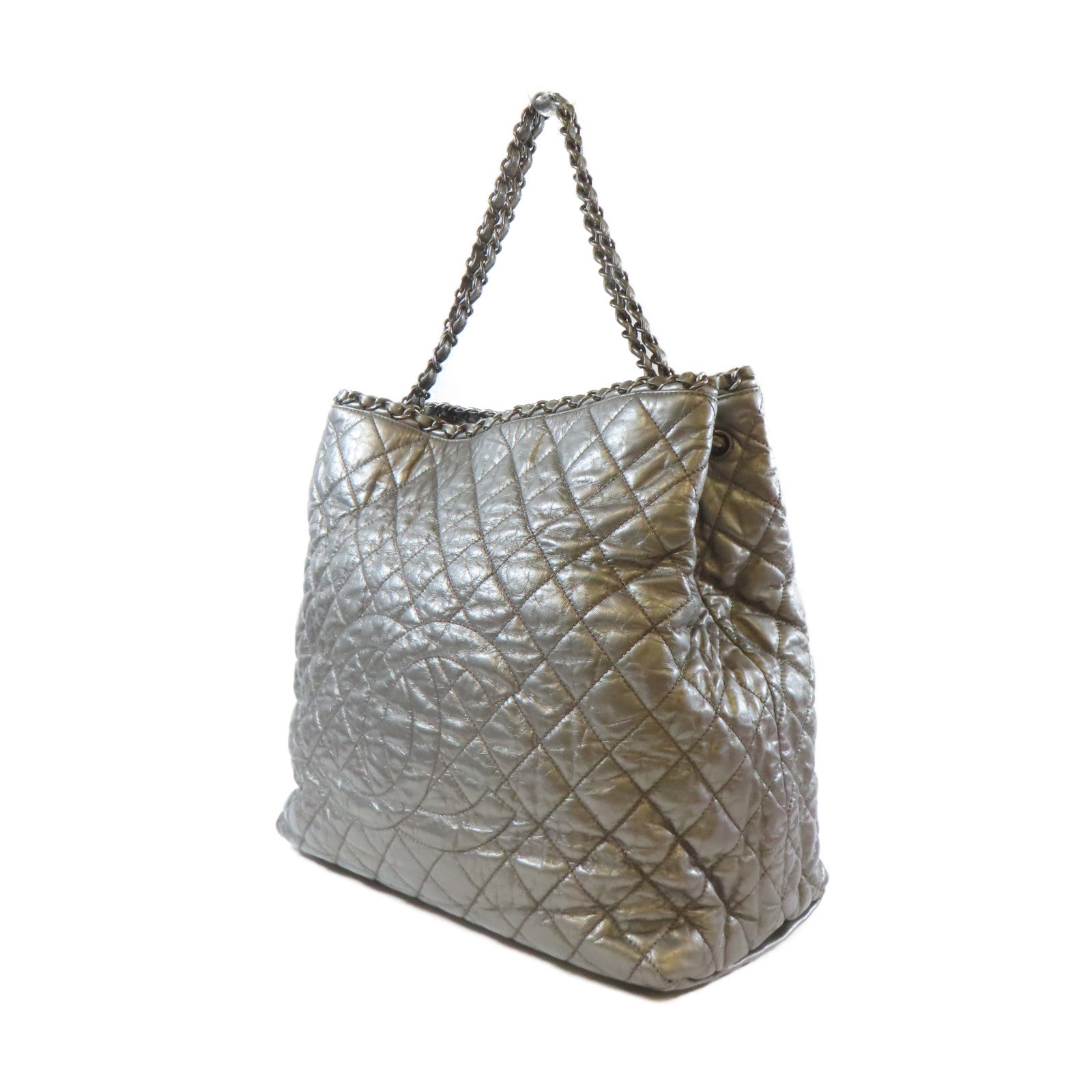 CHANEL 菱格牛皮皮革Tote Bag銀扣手挽袋銀色