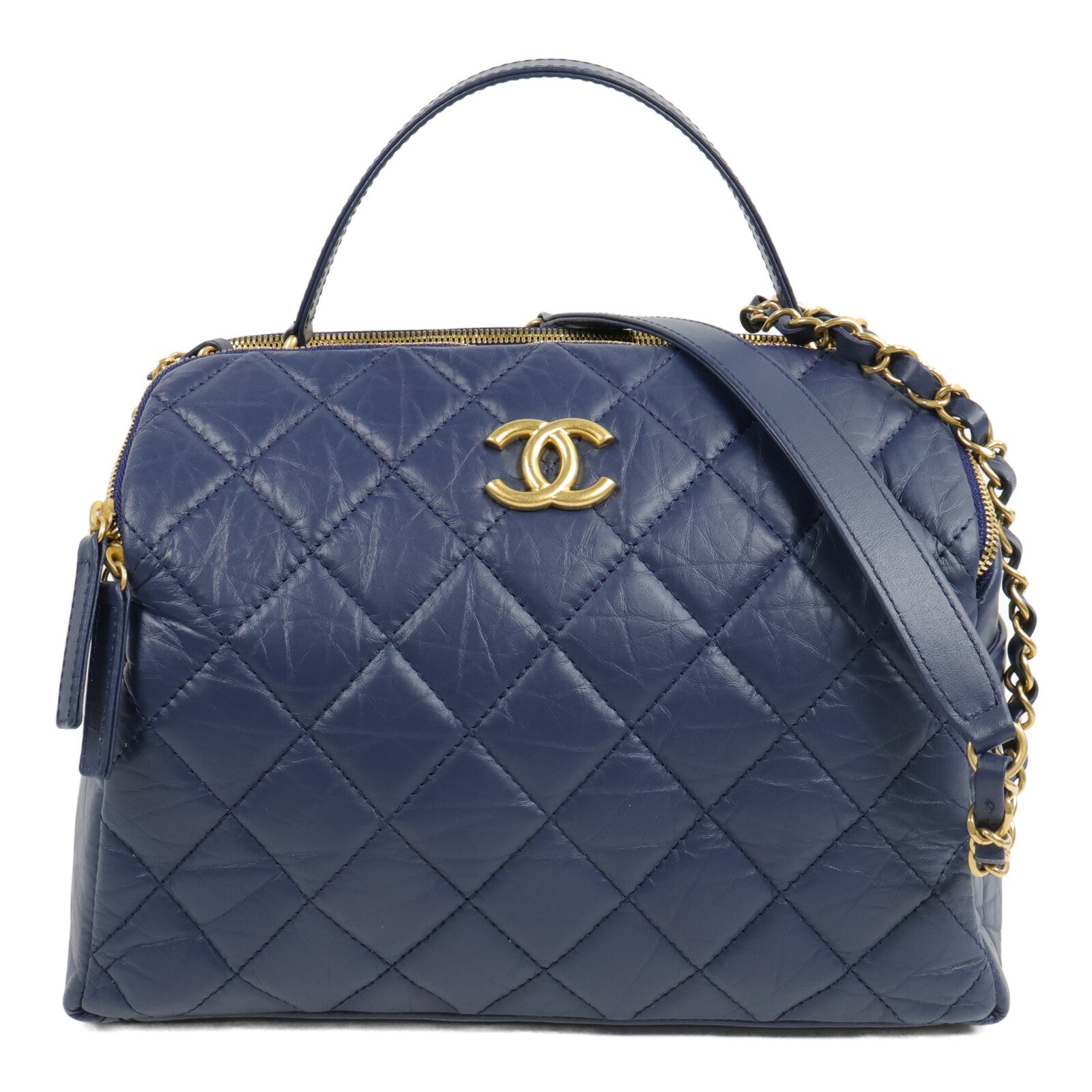 CHANEL 牛皮皮革Bowling Bag鏈帶手挽肩背兩用袋