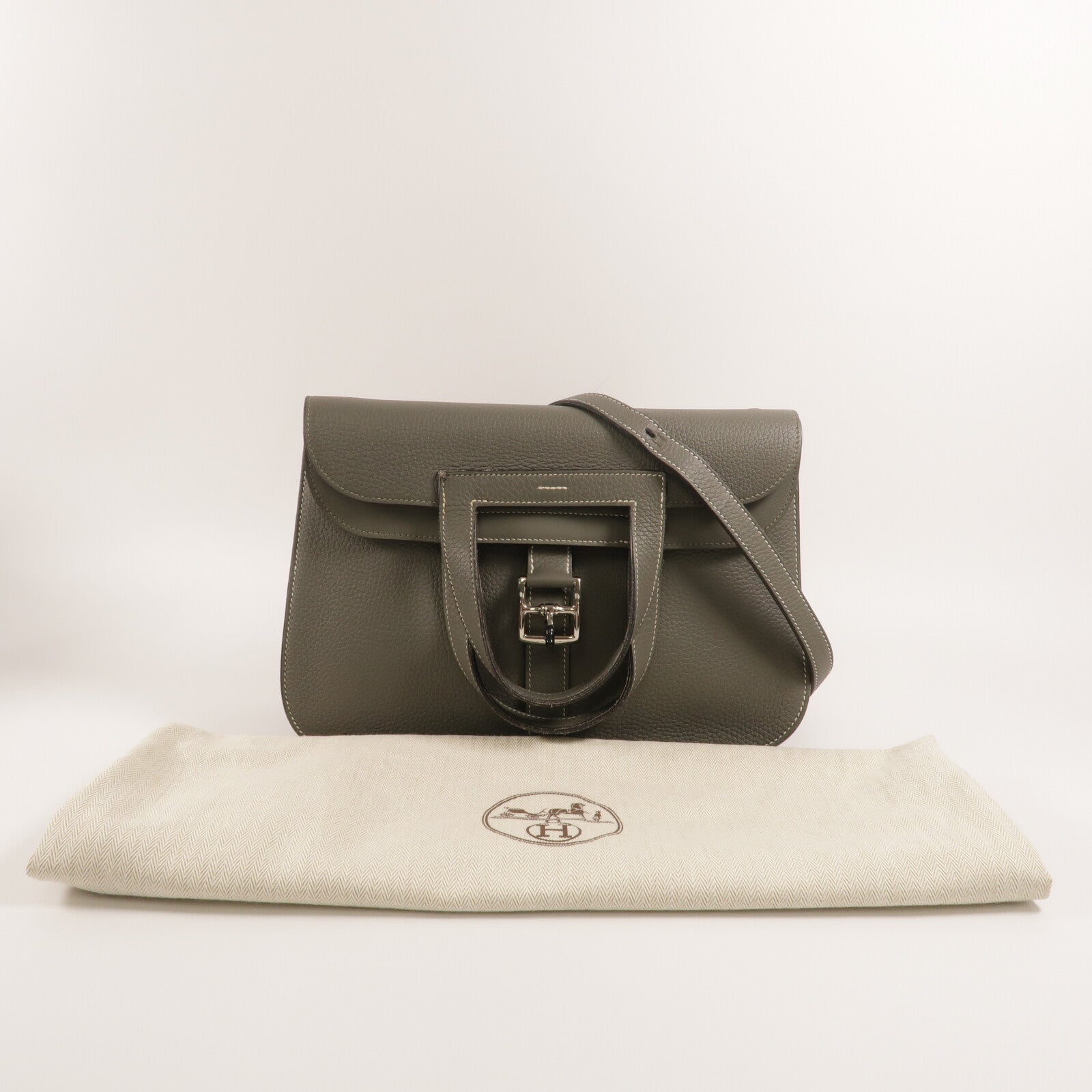HERMES Clemence皮革Halzan 31手挽肩背兩用袋Gris Meyer