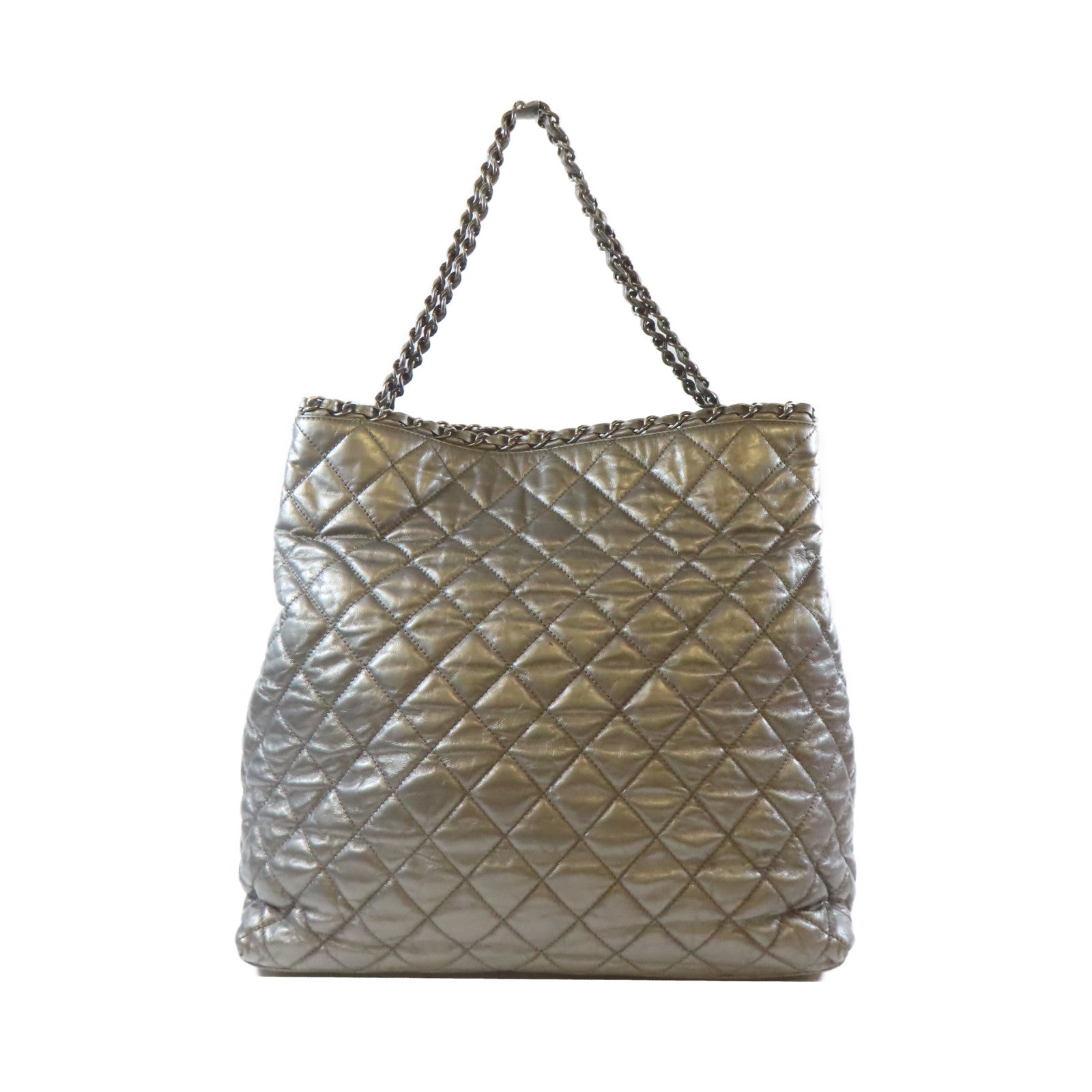 CHANEL 菱格牛皮皮革Tote Bag銀扣手挽袋銀色