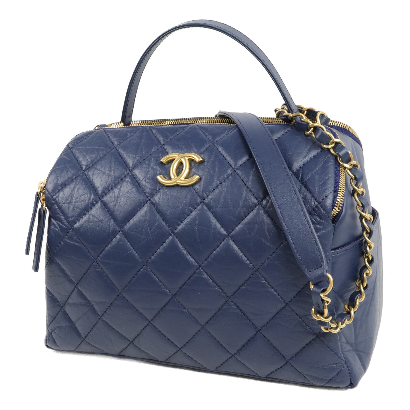 CHANEL 牛皮皮革Bowling Bag鏈帶手挽肩背兩用袋