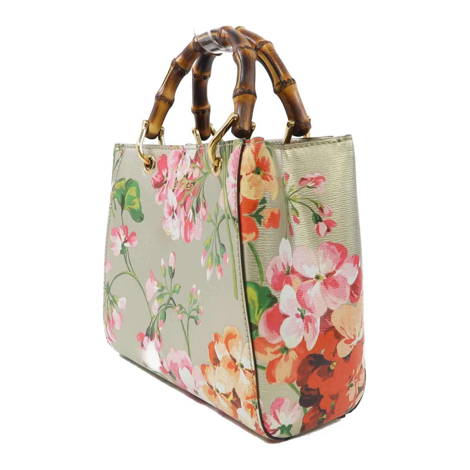 GUCCI 牛皮皮革Mini Bamboo Shopper金扣手挽肩背兩用袋金色