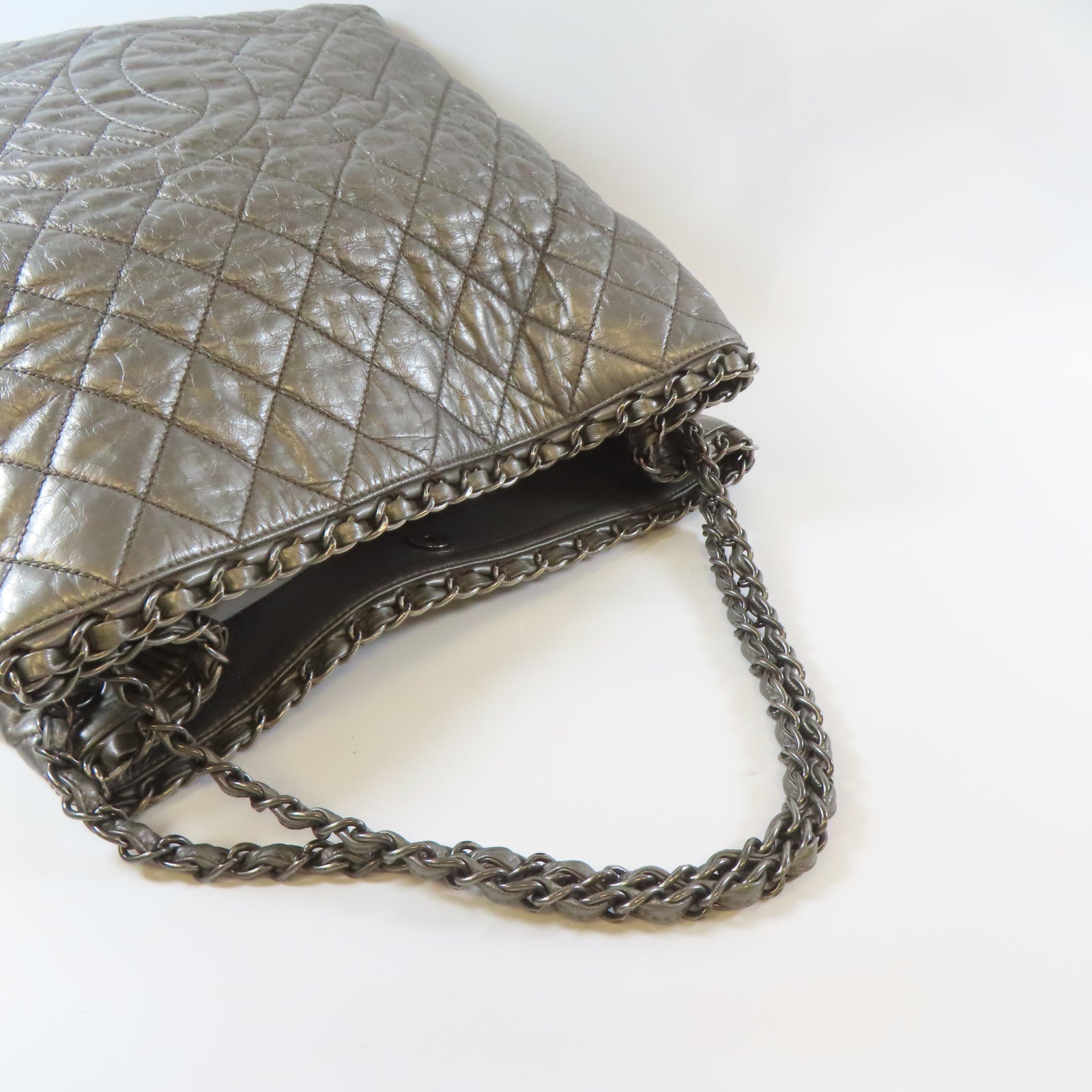 CHANEL 菱格牛皮皮革Tote Bag銀扣手挽袋銀色