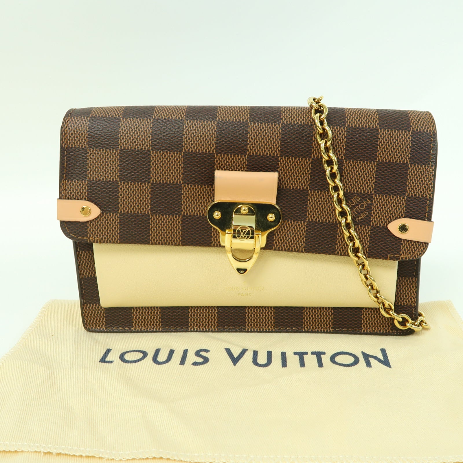LOUIS VUITTON Damier Vavin Chain Wallet金扣鏈帶肩背袋啡色/米色
