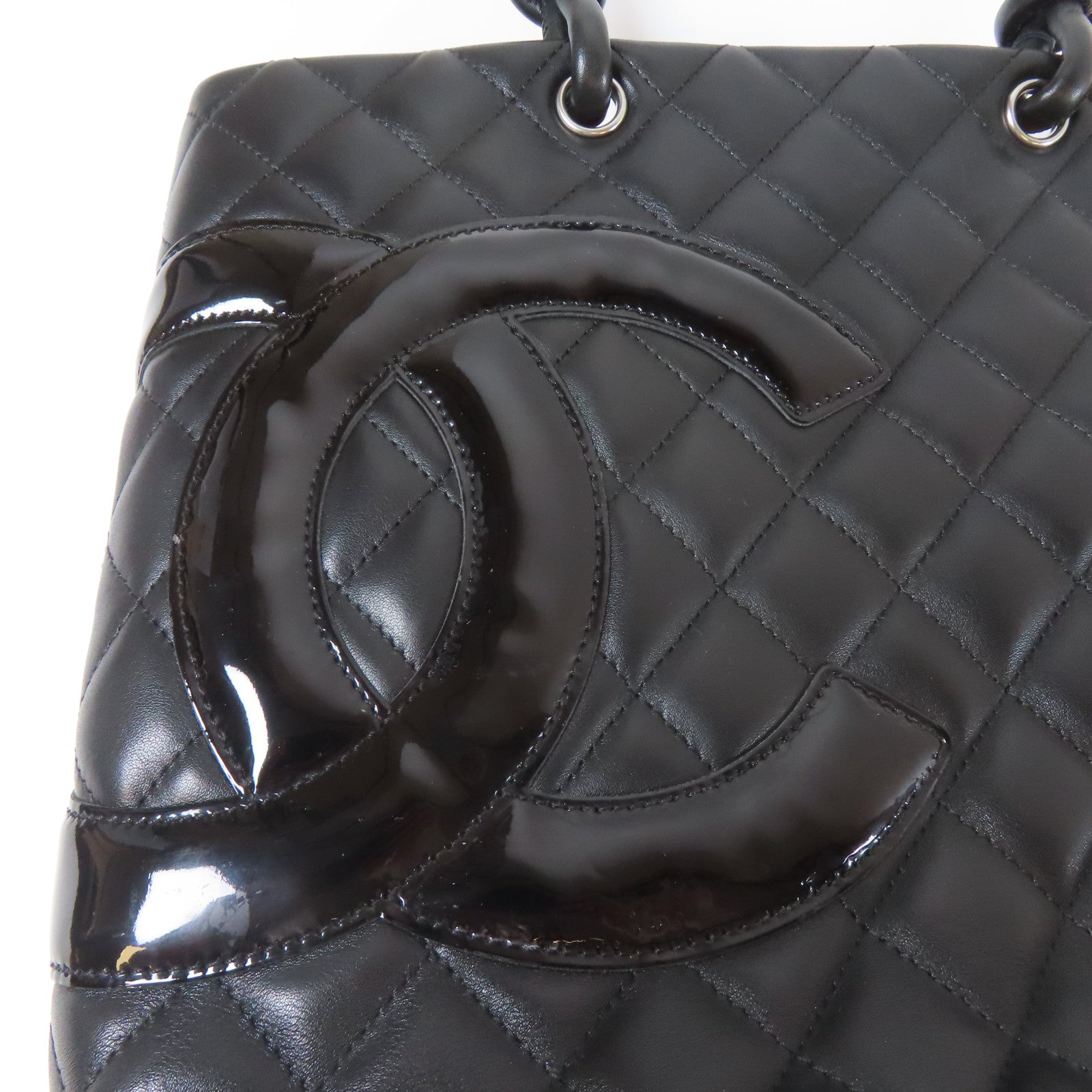 CHANEL 菱格牛皮皮革Cambon Small銀扣手挽袋黑色