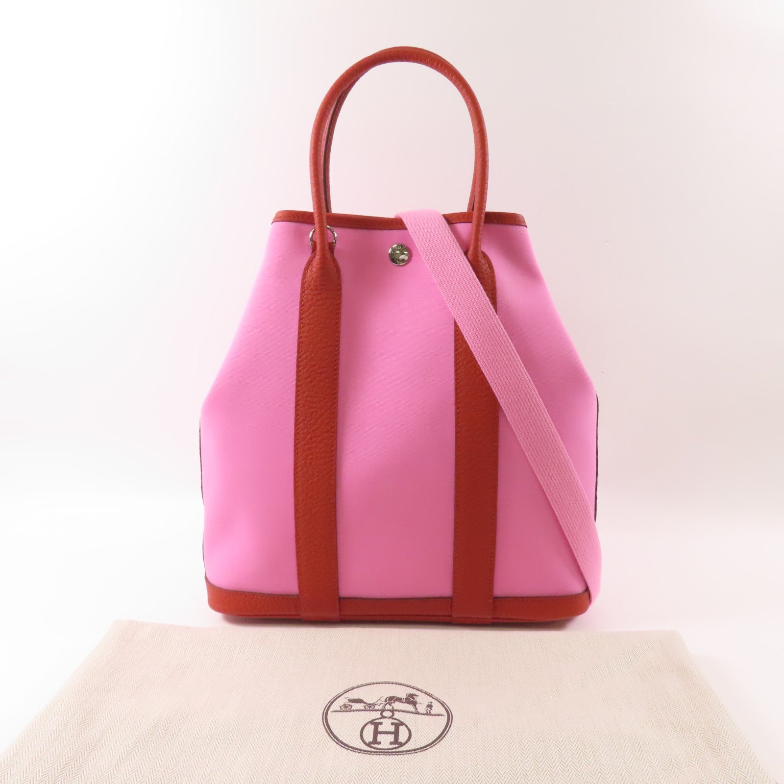 HERMES 帆布Garden File PM銀扣手挽肩背兩用袋Rouge Duchesse