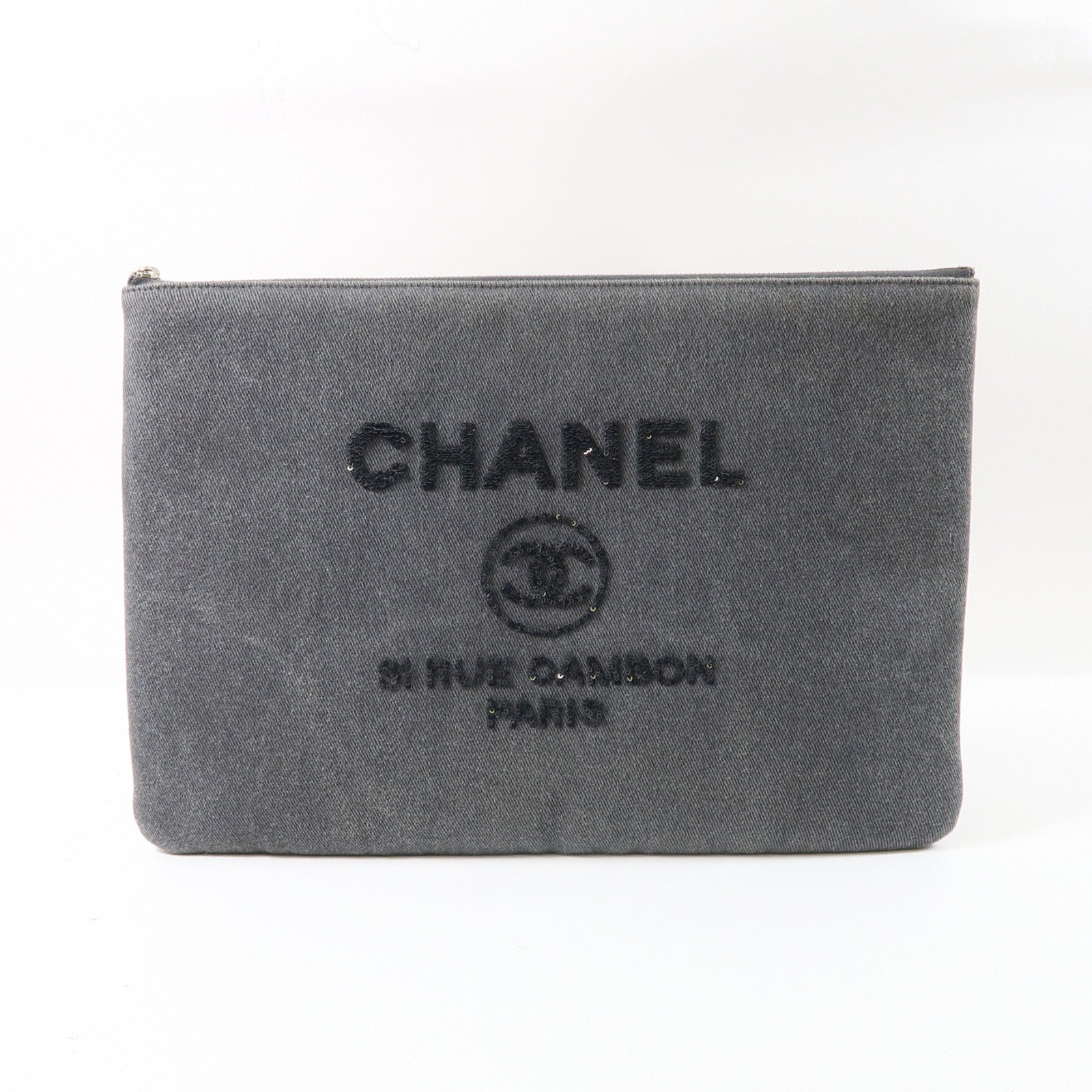 CHANEL 【激減優惠】牛仔布Clutch銀扣手拿包灰色