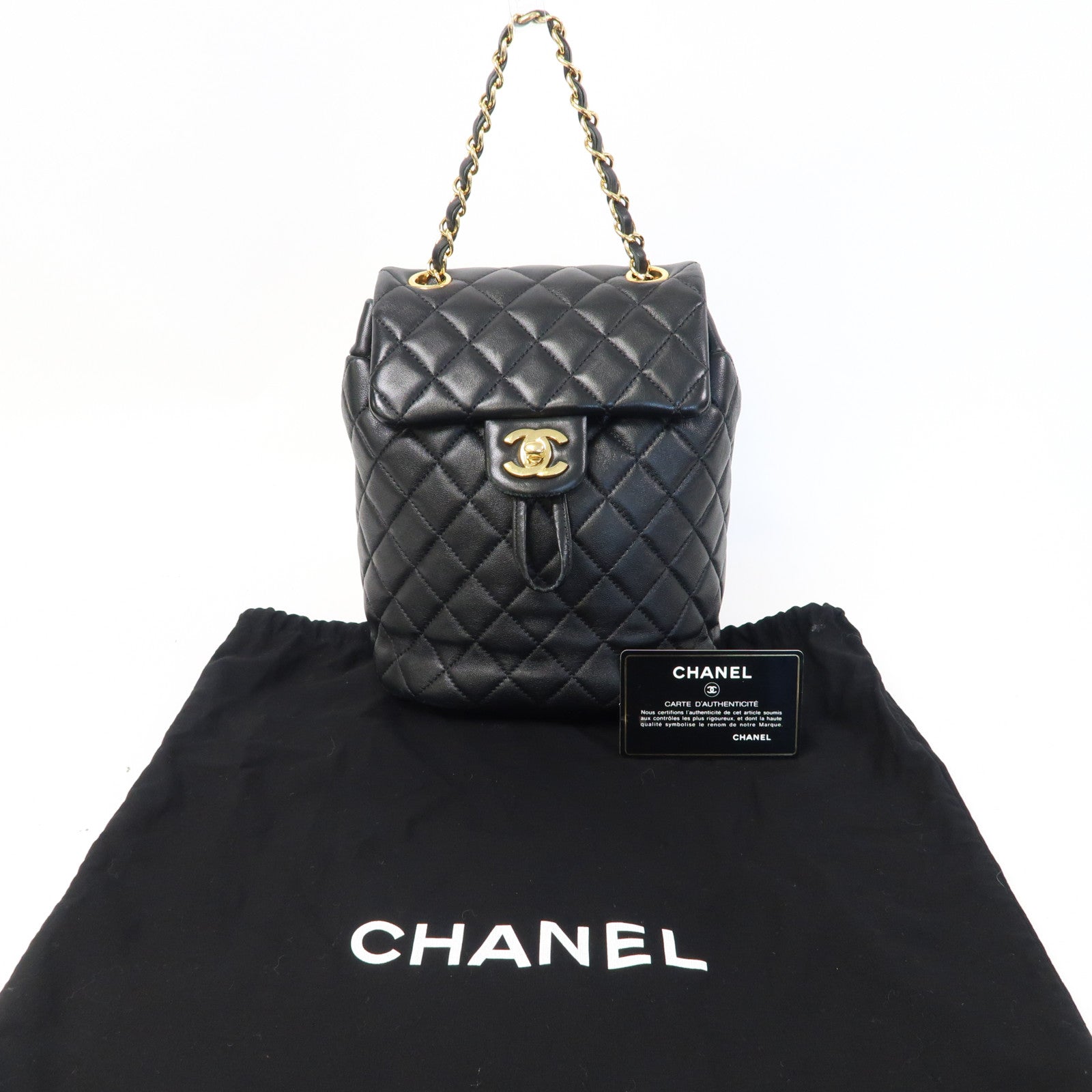 CHANEL 菱格羊皮皮革Backpack金扣背包黑色
