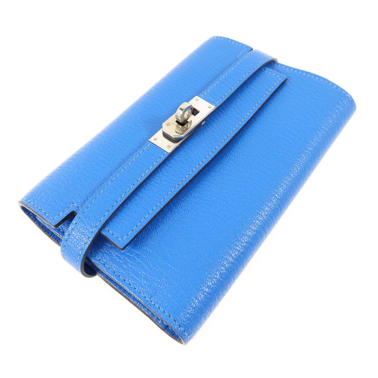 HERMES Chevre皮革Kelly Short Wallet銀扣錢包Bleu Electrique