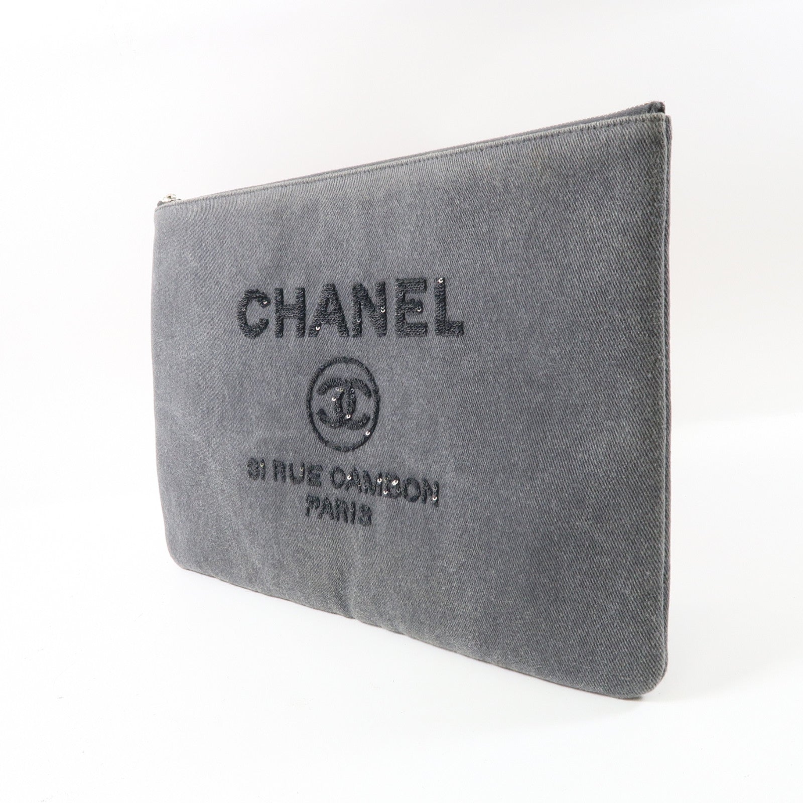 CHANEL 【激減優惠】牛仔布Clutch銀扣手拿包灰色