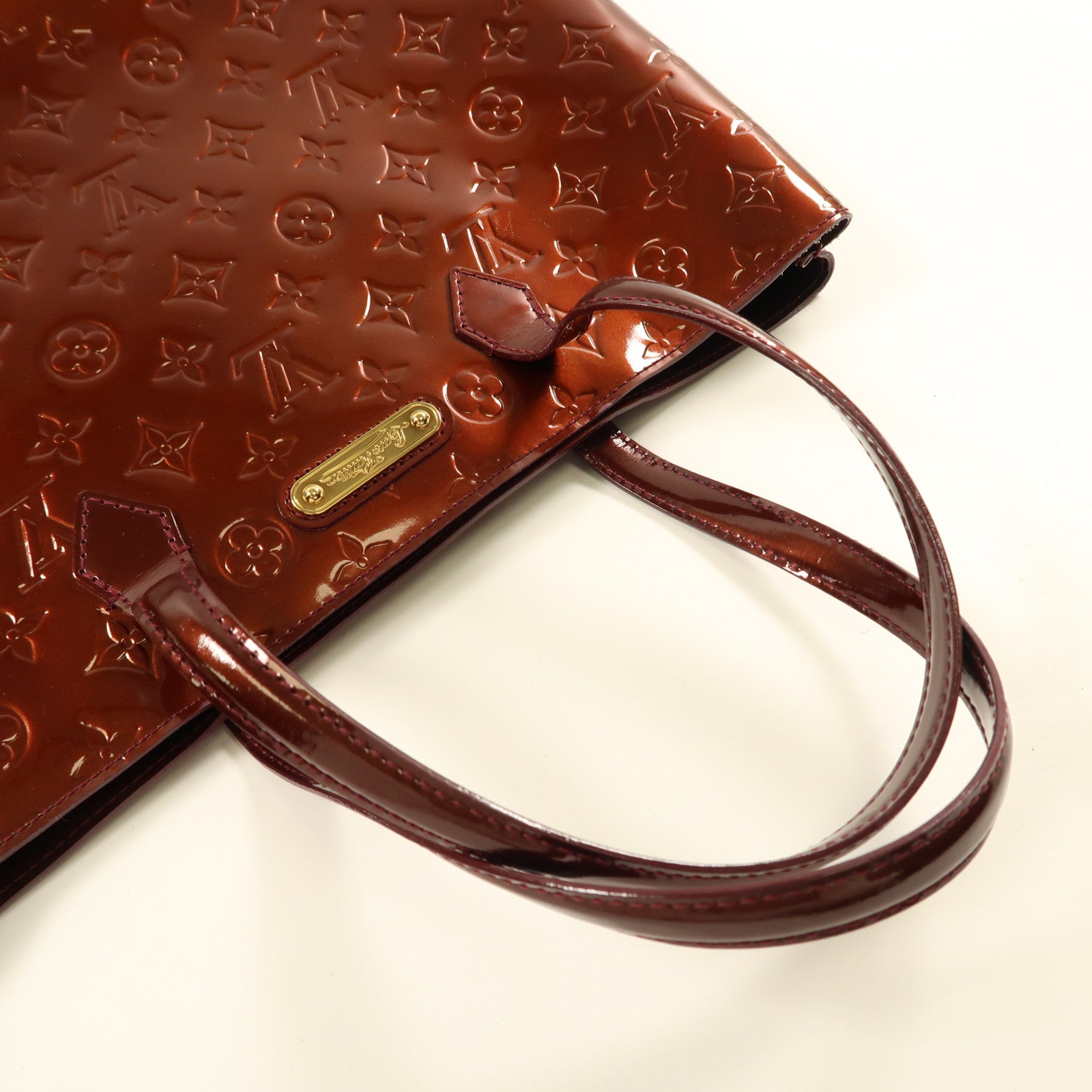 LOUIS VUITTON Monogram Vernis Wilshire GM金扣手挽袋酒紅色