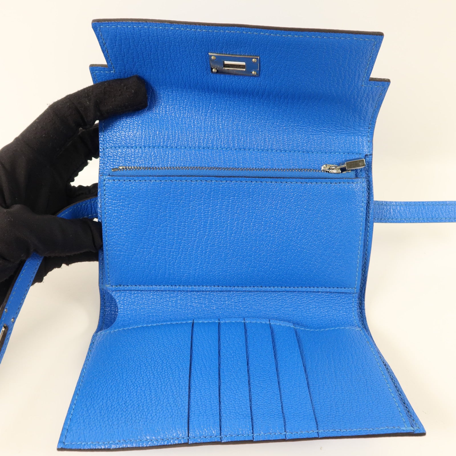HERMES Chevre皮革Kelly Short Wallet銀扣錢包Bleu Electrique