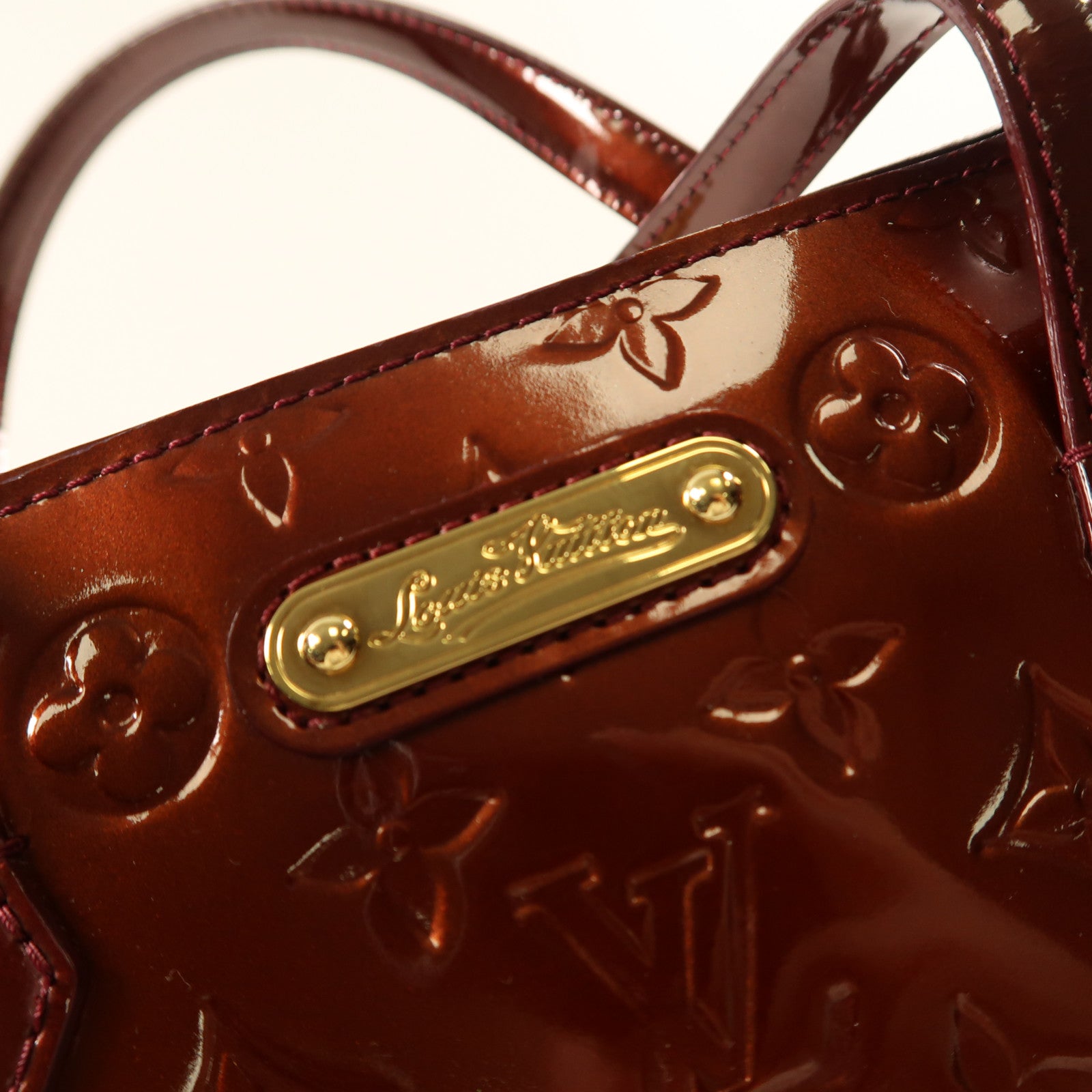 LOUIS VUITTON Monogram Vernis Wilshire GM金扣手挽袋酒紅色