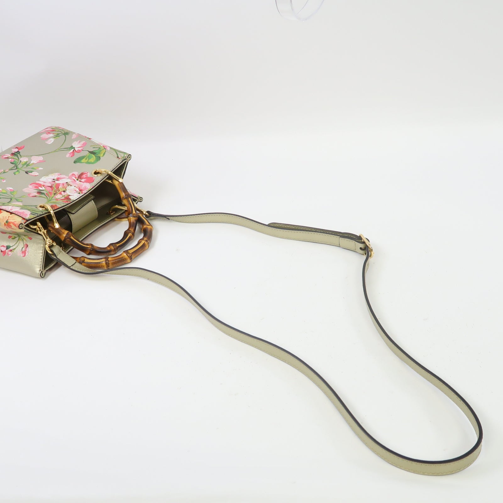 GUCCI 牛皮皮革Mini Bamboo Shopper金扣手挽肩背兩用袋金色