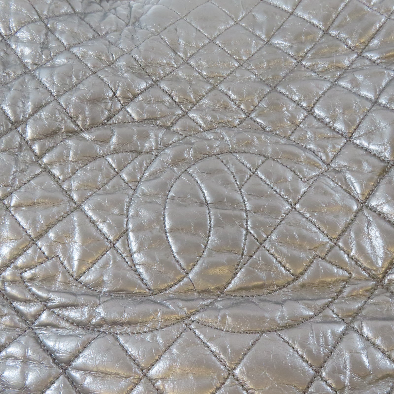 CHANEL 菱格牛皮皮革Tote Bag銀扣手挽袋銀色