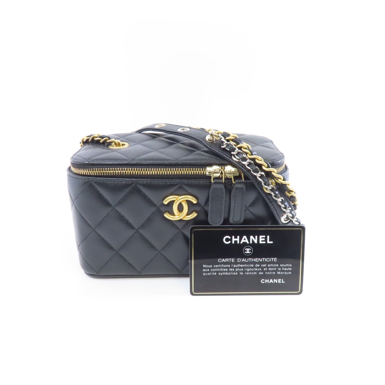 CHANEL 【激減優惠】菱格羊皮皮革Vanity Case金扣鏈帶肩背袋黑色
