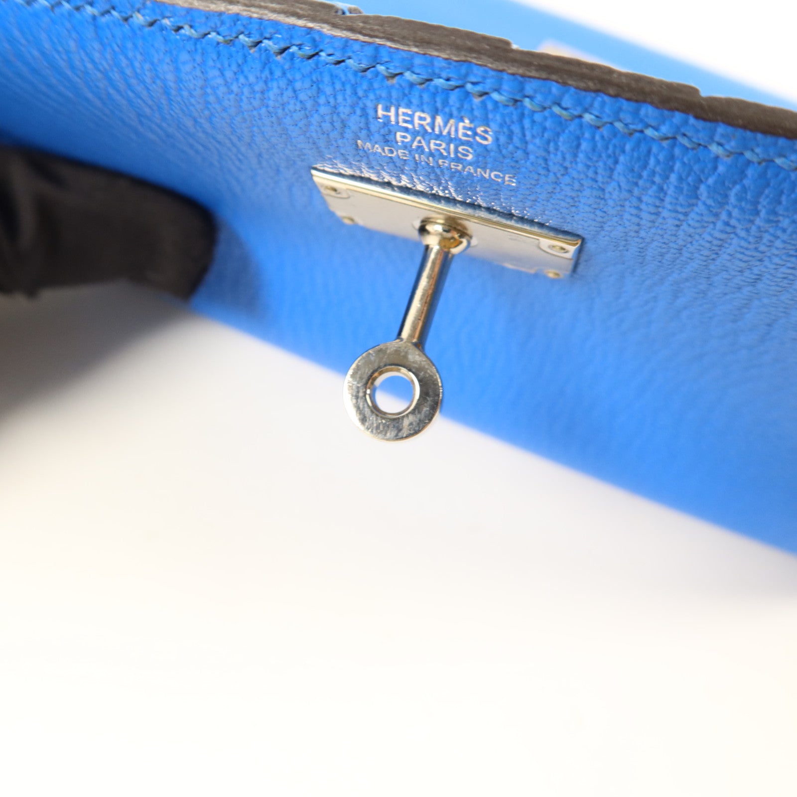 HERMES Chevre皮革Kelly Short Wallet銀扣錢包Bleu Electrique