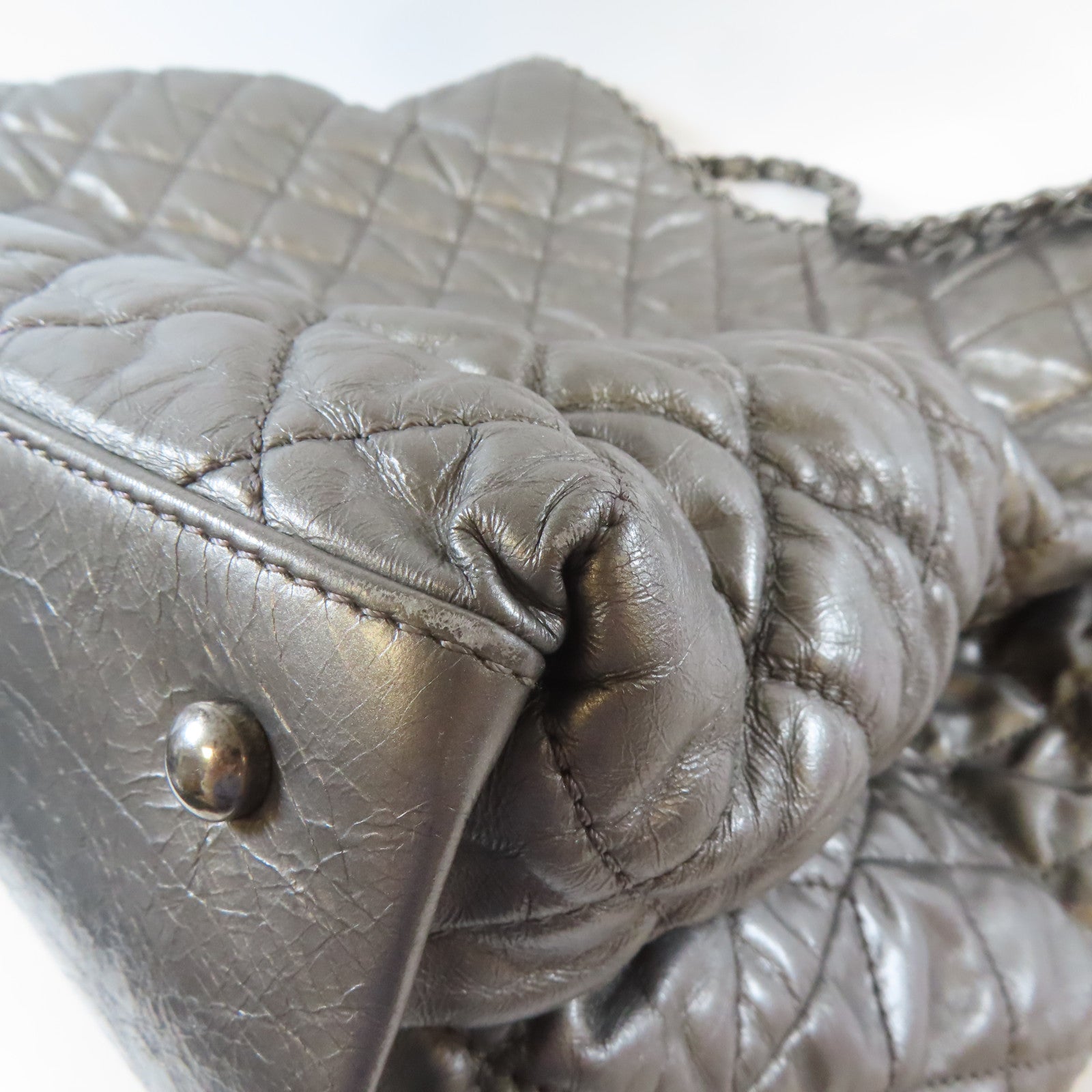 CHANEL 菱格牛皮皮革Tote Bag銀扣手挽袋銀色