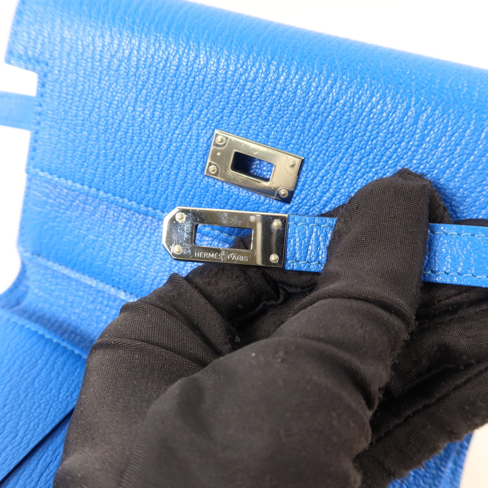 HERMES Chevre皮革Kelly Short Wallet銀扣錢包Bleu Electrique