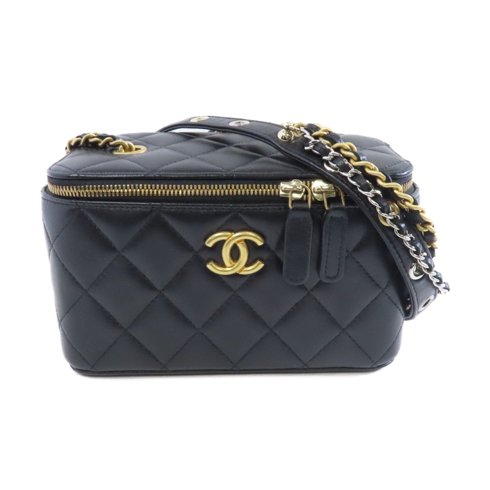 CHANEL 【激減優惠】菱格羊皮皮革Vanity Case金扣鏈帶肩背袋黑色