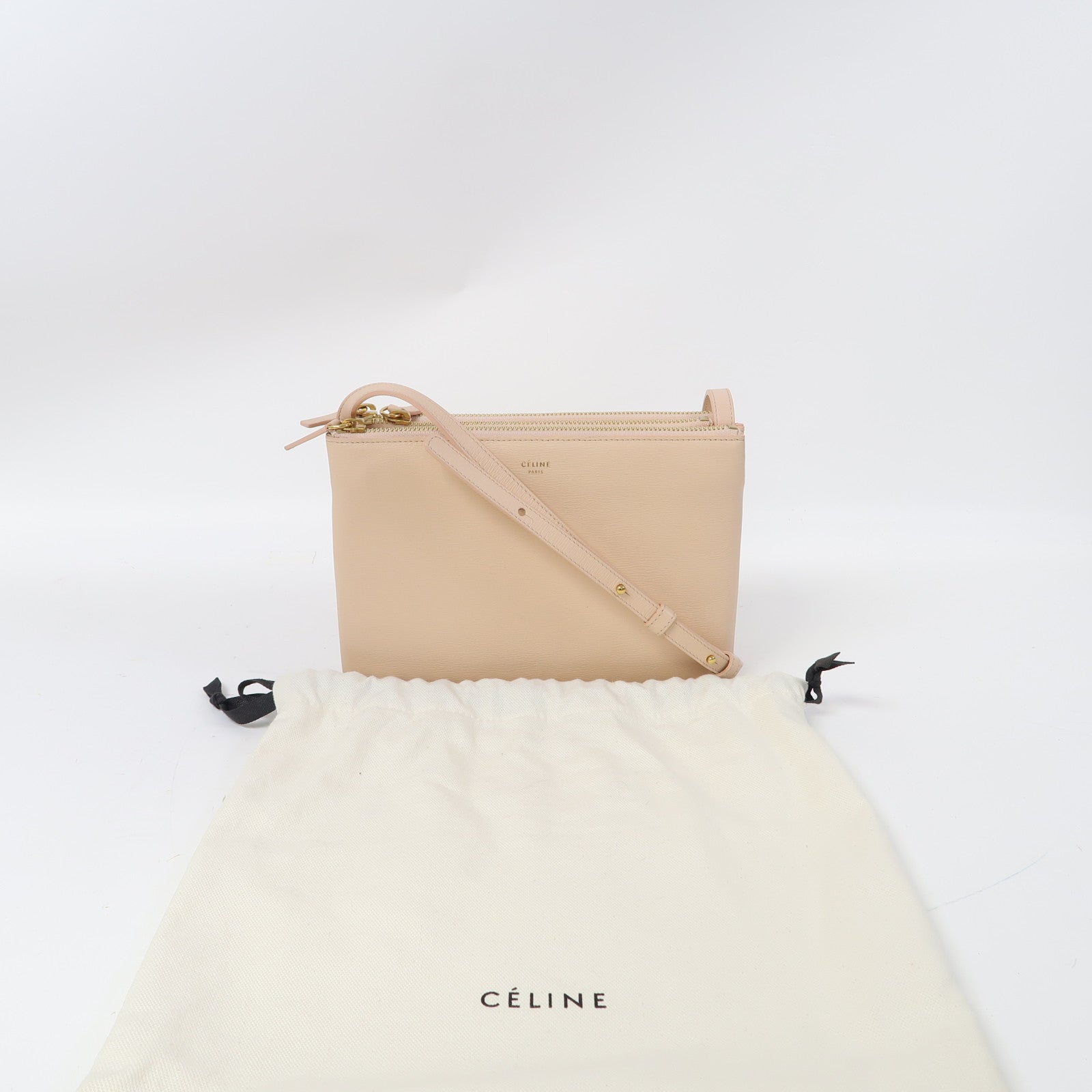 CELINE 牛皮皮革Trio金扣肩背袋粉紅色