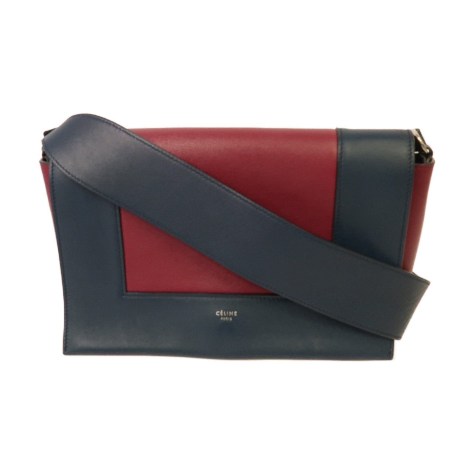 CELINE 【激減優惠】牛皮皮革Frame Medium Bag銀扣肩背袋藍色/紅色