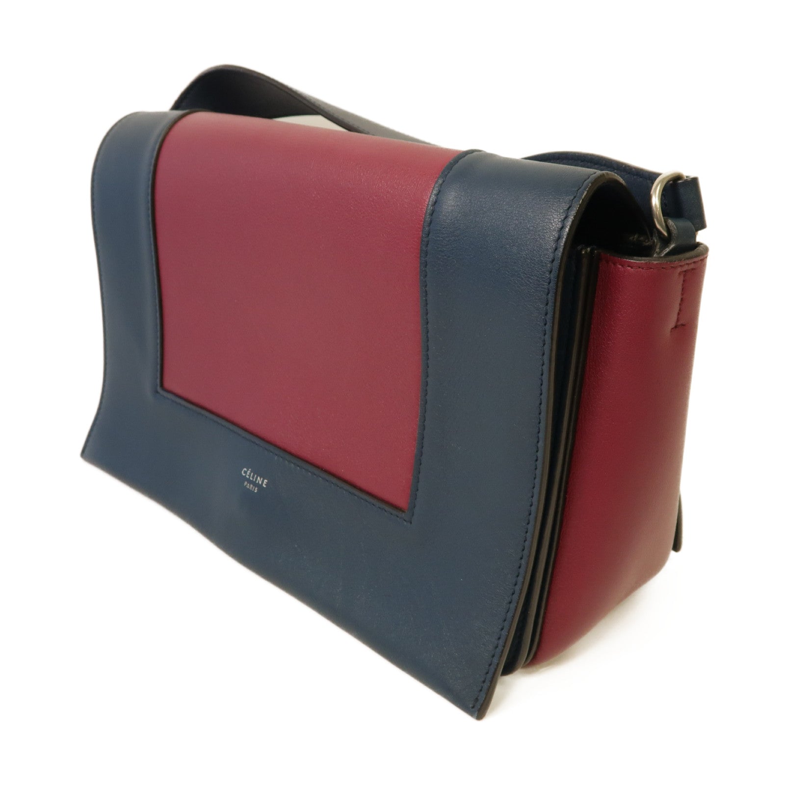 CELINE 【激減優惠】牛皮皮革Frame Medium Bag銀扣肩背袋藍色/紅色