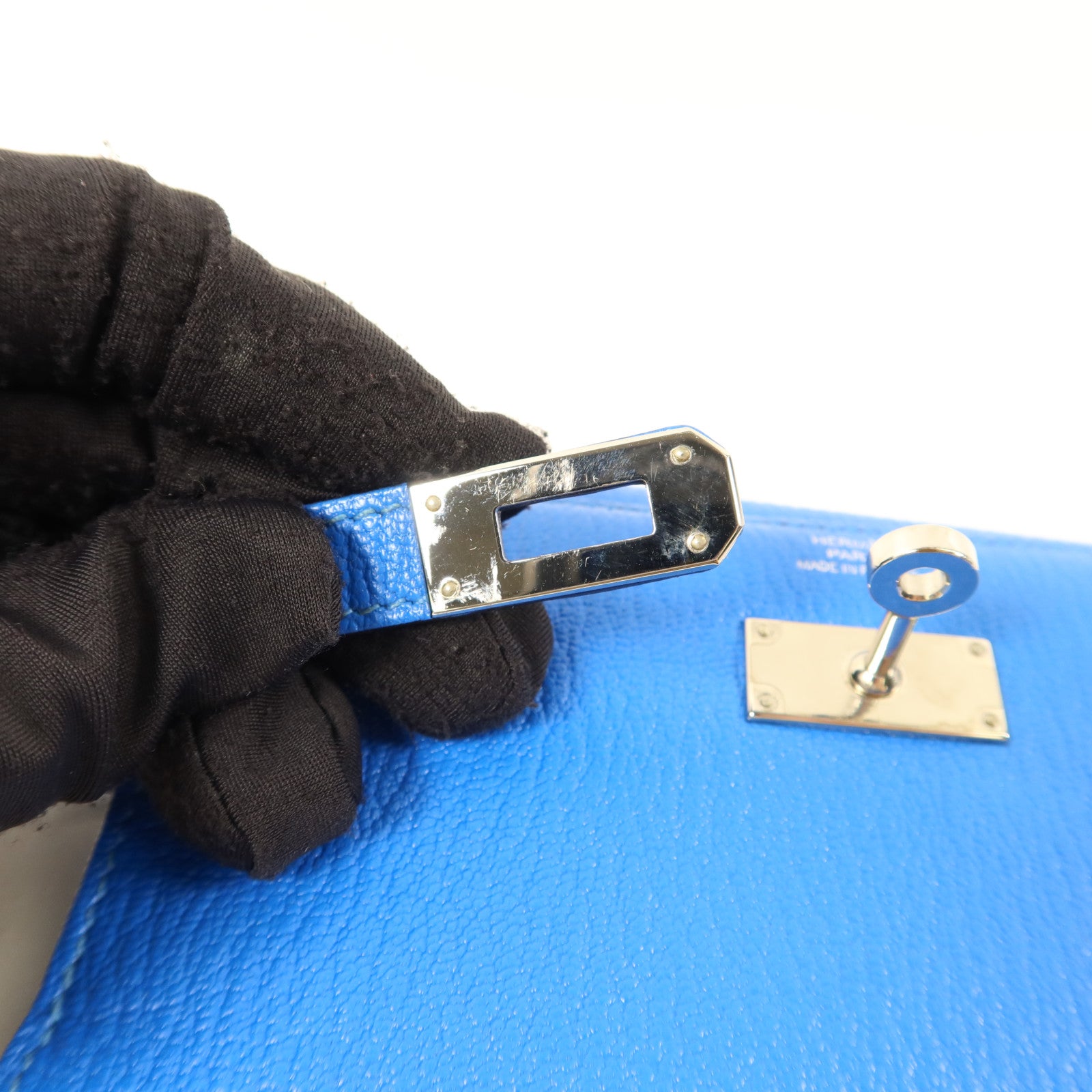 HERMES Chevre皮革Kelly Short Wallet銀扣錢包Bleu Electrique