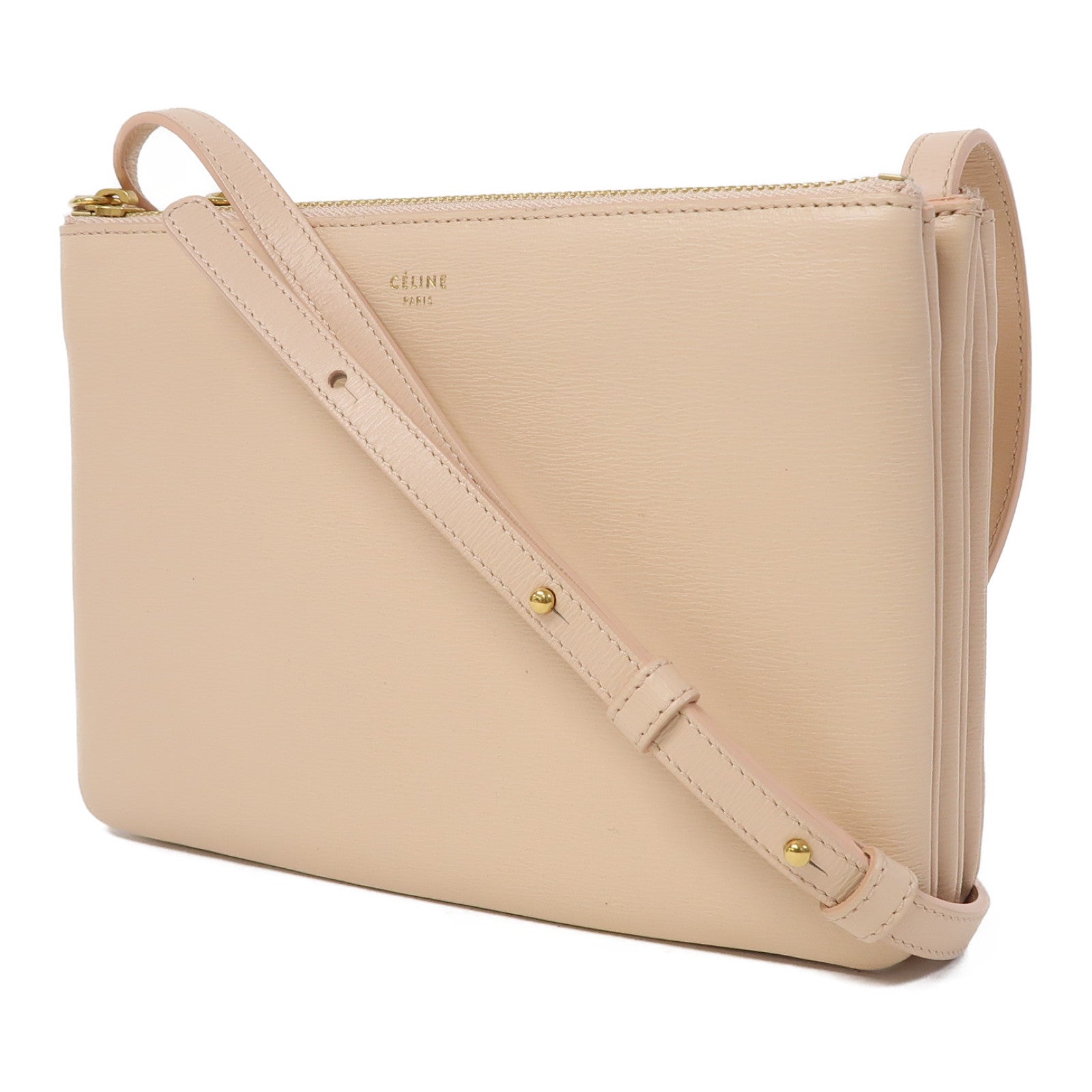 CELINE 牛皮皮革Trio金扣肩背袋粉紅色