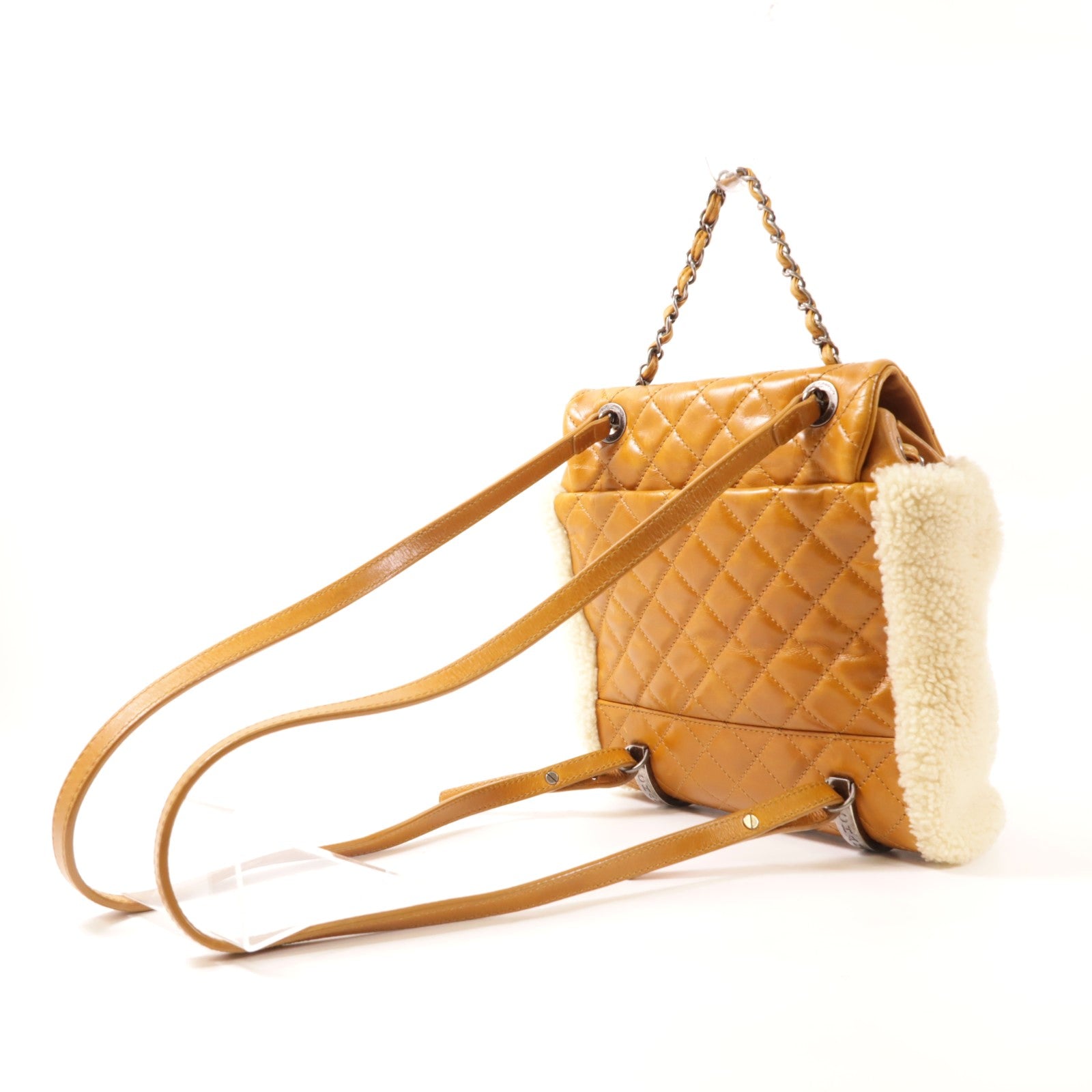 CHANEL 羊毛/牛皮皮革Rucksack銀扣背包
