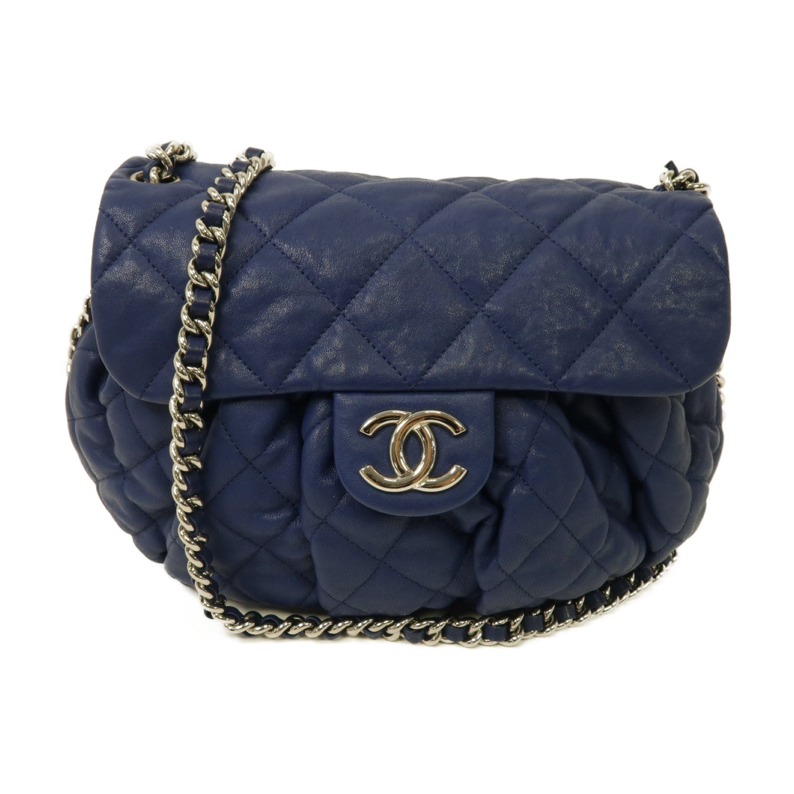 CHANEL 菱格牛皮皮革Chain Shoulder Bag銀扣鏈帶肩背袋藍色