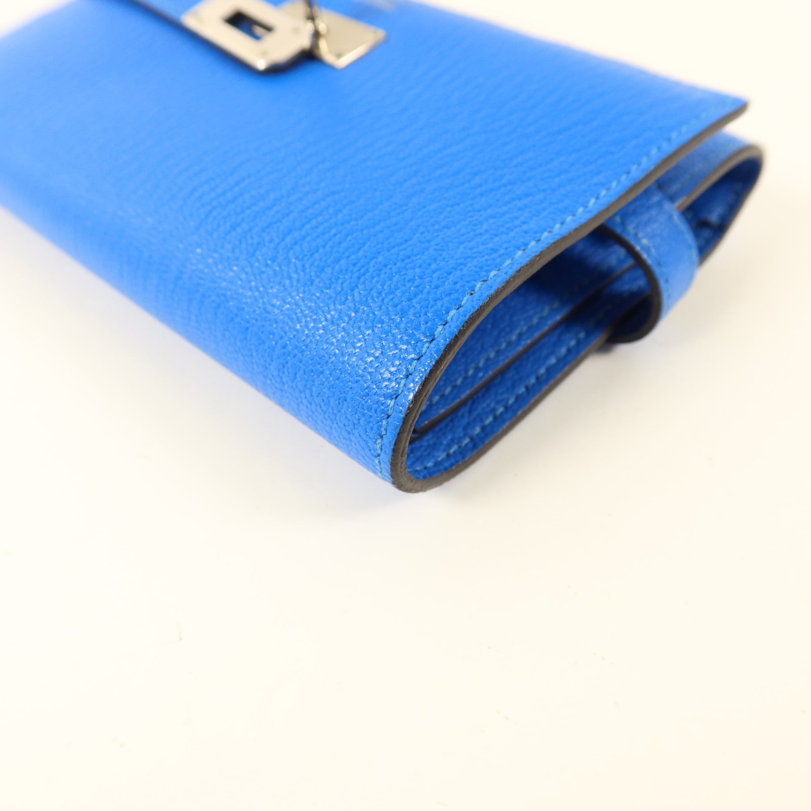 HERMES Chevre皮革Kelly Short Wallet銀扣錢包Bleu Electrique