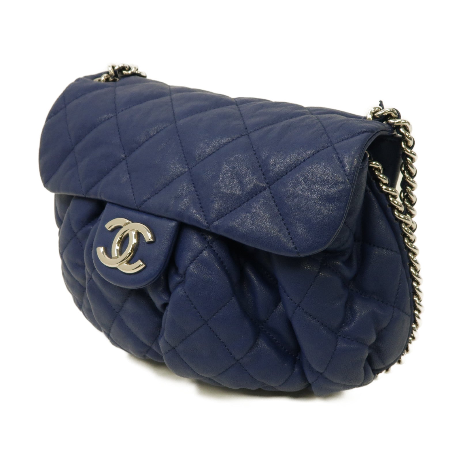 CHANEL 菱格牛皮皮革Chain Shoulder Bag銀扣鏈帶肩背袋藍色