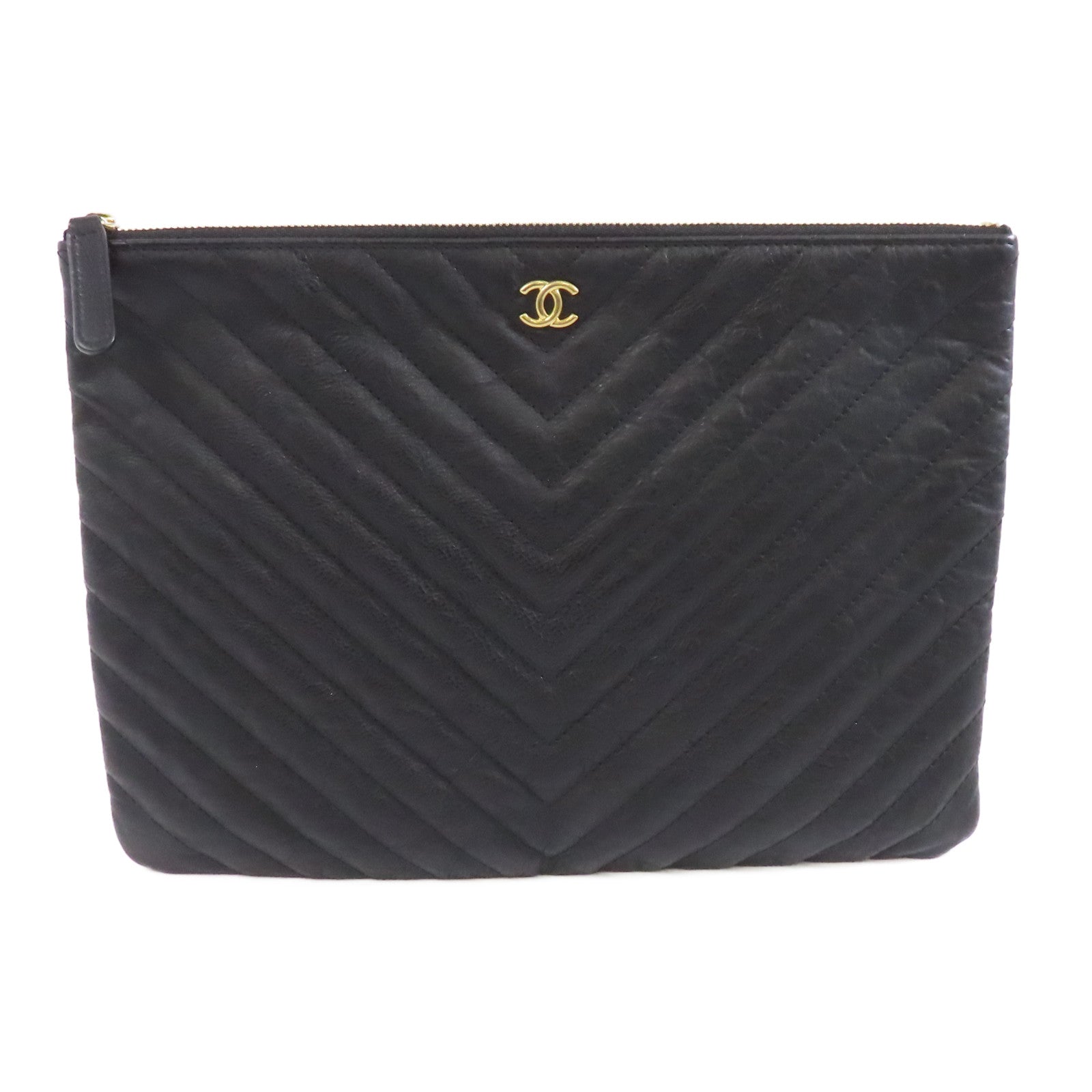 CHANEL 牛皮皮革Pouch/Clutch金扣手拿包黑色