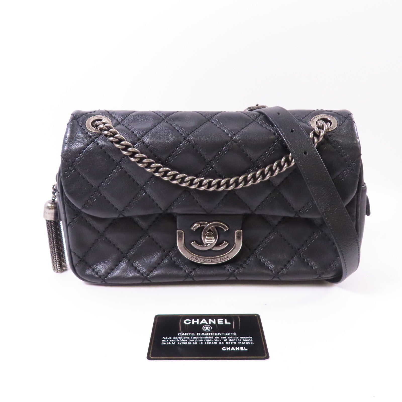 CHANEL 牛皮皮革Chain Shoulder銀扣鏈帶肩背袋黑色