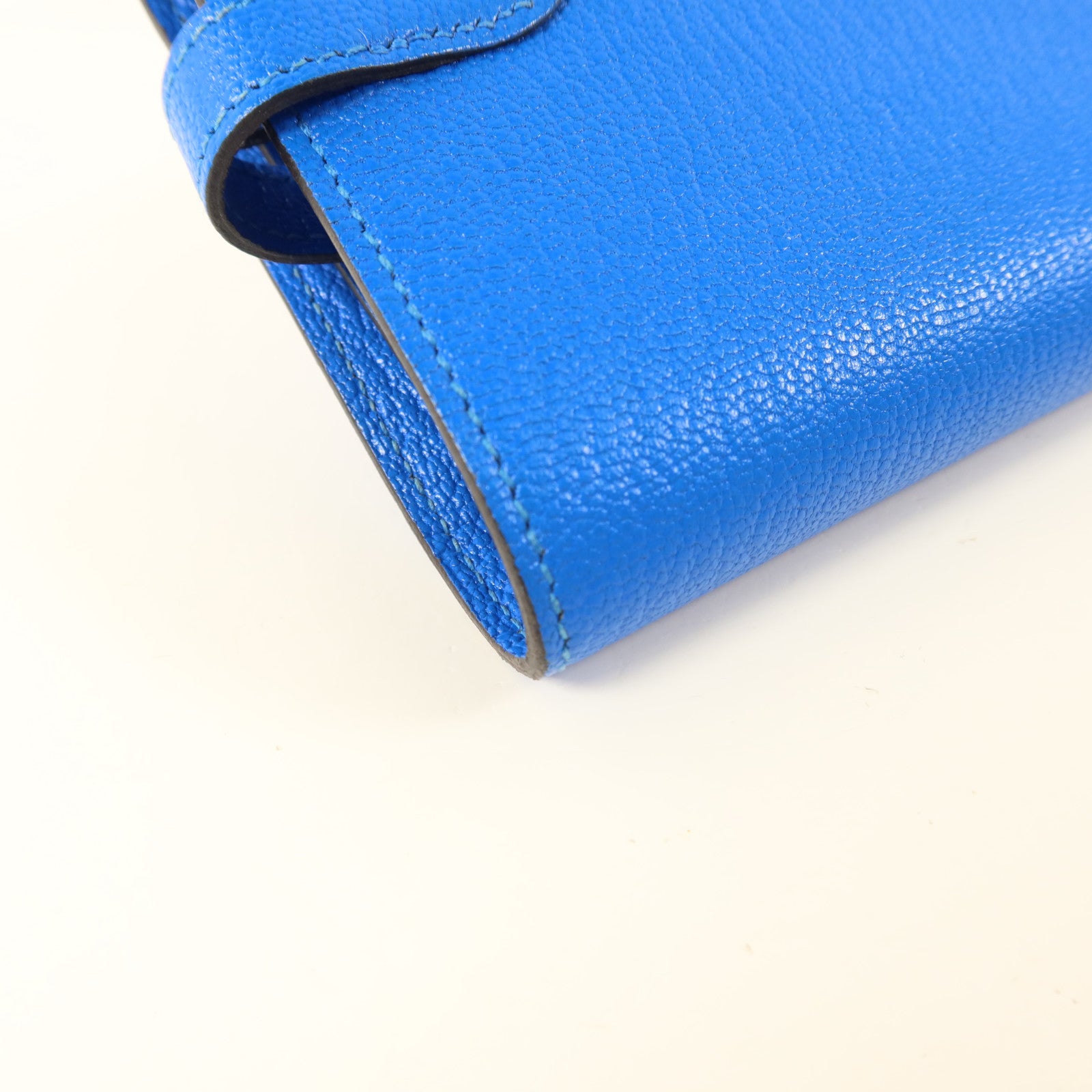 HERMES Chevre皮革Kelly Short Wallet銀扣錢包Bleu Electrique