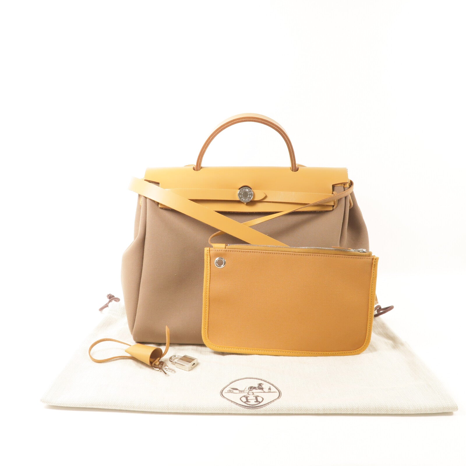 HERMES 帆布Herbag PM手挽肩背兩用袋Etoupe/Natural Sable