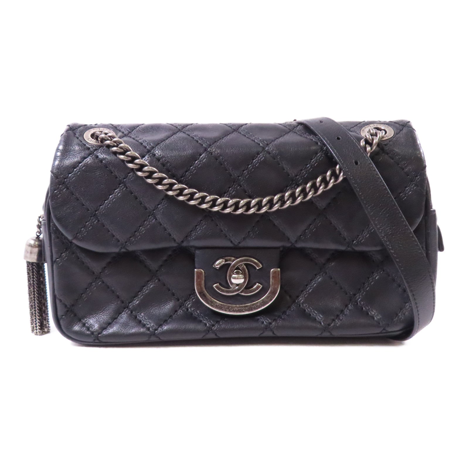 CHANEL 牛皮皮革Chain Shoulder銀扣鏈帶肩背袋黑色